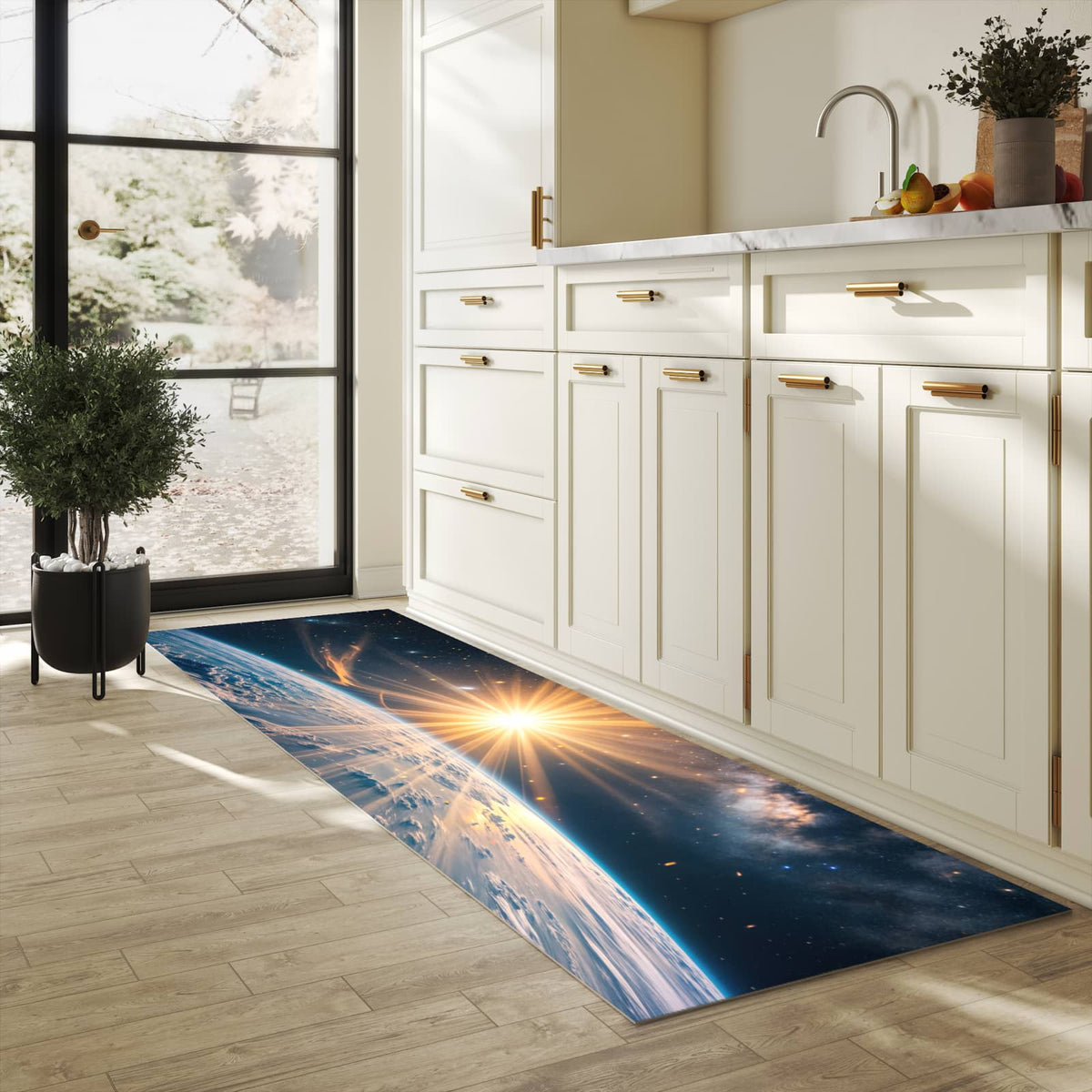 Wasserabweisender Küchenläufer mit Motiv Erde von Sonnenaufgang in heller Küche
