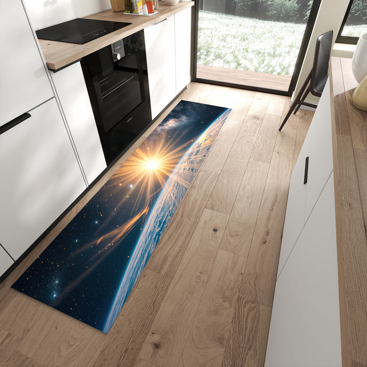 Rutschfester Küchenläufer mit Motiv Erde von Sonnenaufgang schützt Böden in moderner Küche