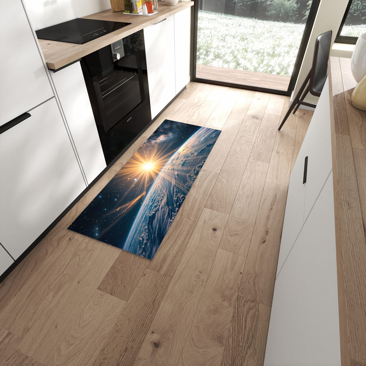 Rutschfester Küchenläufer mit Motiv Erde von Sonnenaufgang in moderner Küche #grösse_60 x 150 cm