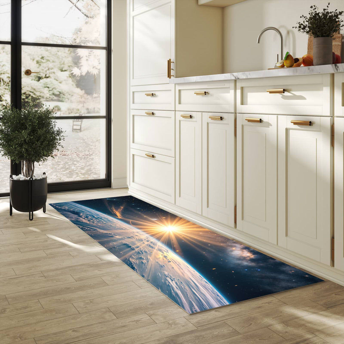 Komfortabler Küchenläufer mit Motiv Erde von Sonnenaufgang in heller Küche