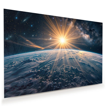 Wandbild mit dem Motiv Sonne über blauer Erde
