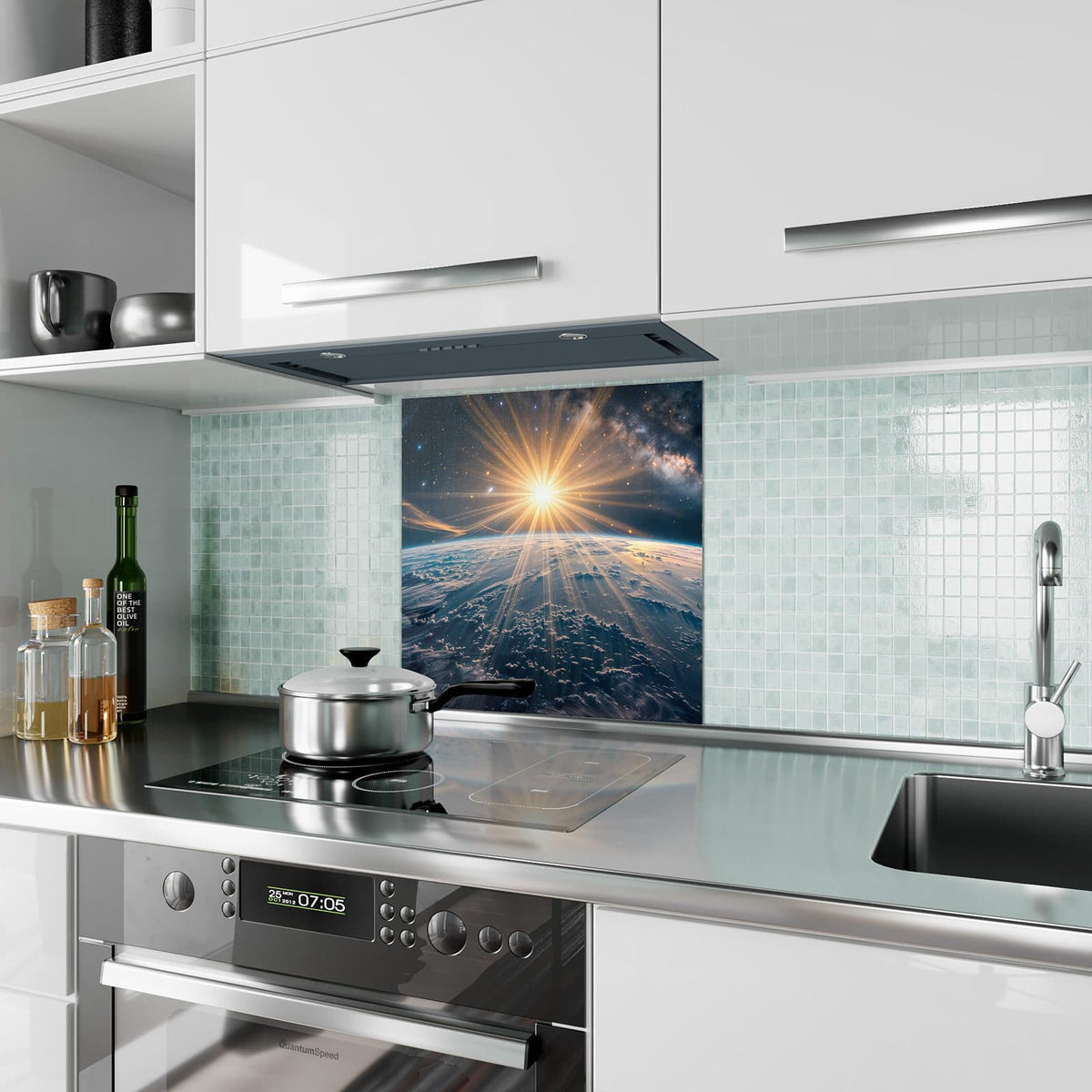 Küchenrückwand Sonne über blauer Erde aus Glas – Sonne und Milchstraße über der Erde