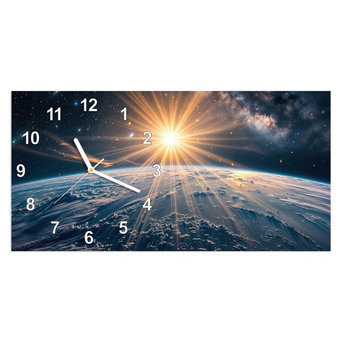 Wanduhr Sonnenaufgang über Erde aus Glas – Querformat 60 × 30 cm mit Ziffernblatt Modern