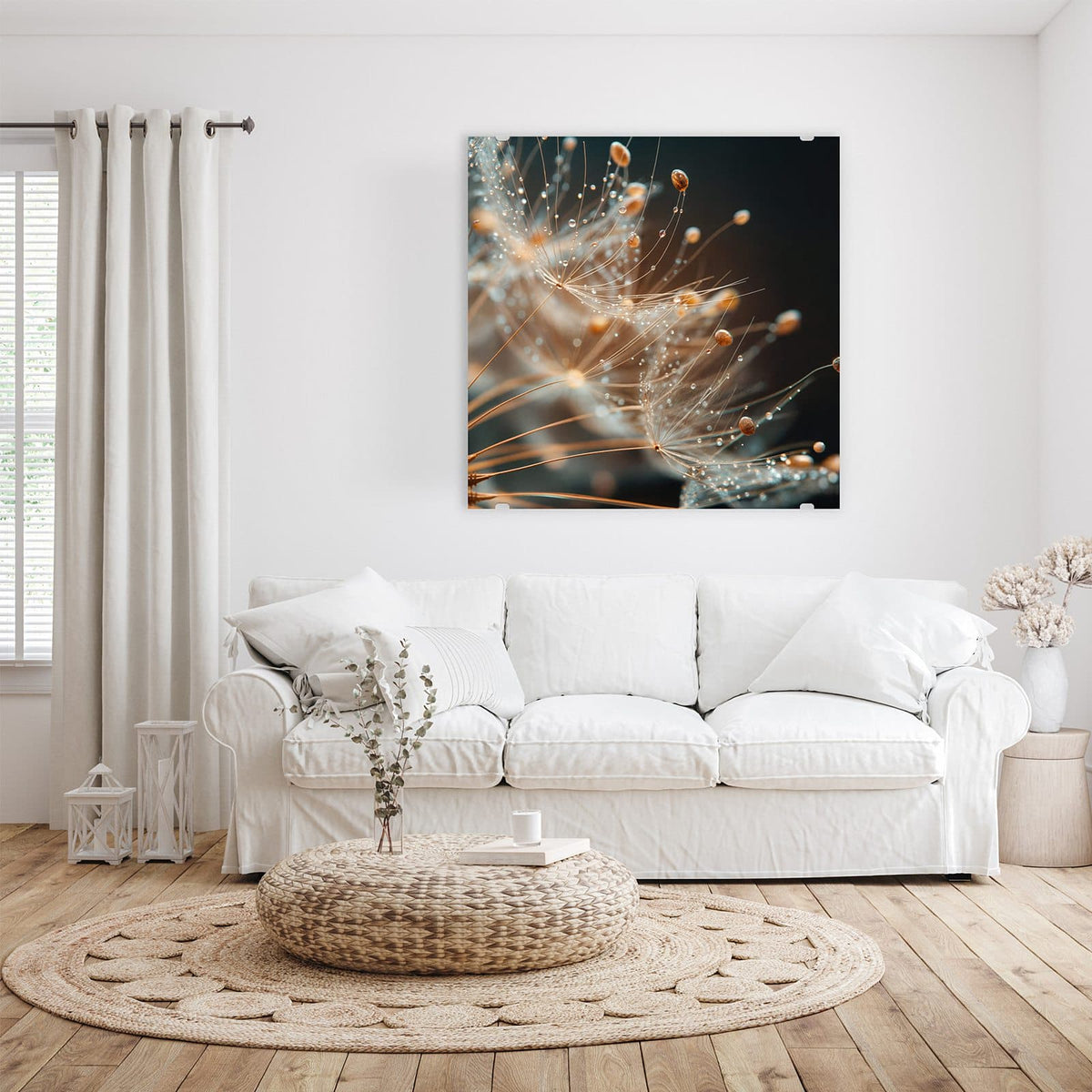 Glasbild Pusteblumenperlen an der Wand – Makro von Pusteblumensamen, an den feinen Schirmen hängen Tautropfen wie Perlen