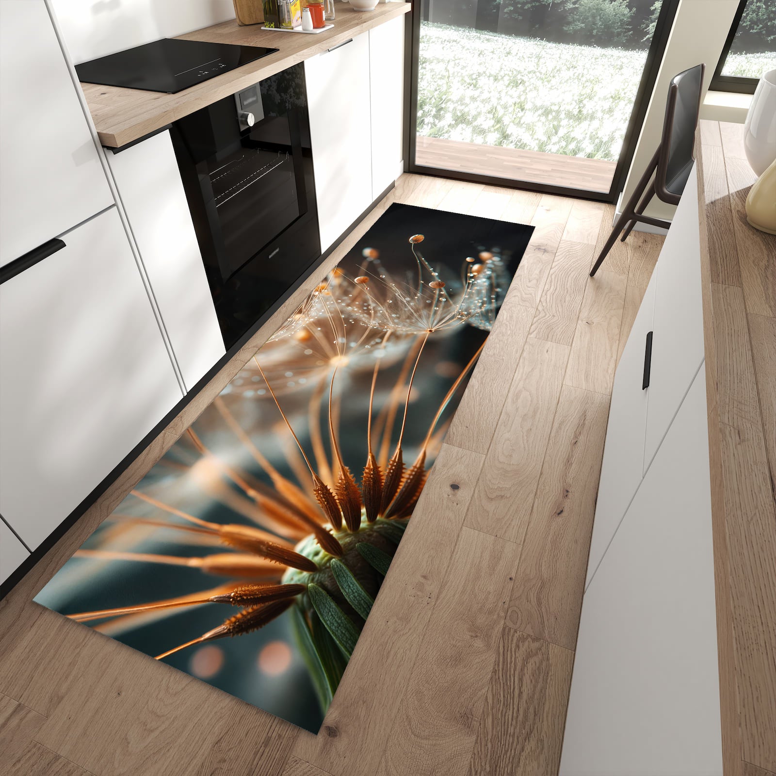 Leicht zu reinigender Küchenteppich mit Motiv Pusteblumenperlen in moderner Küche