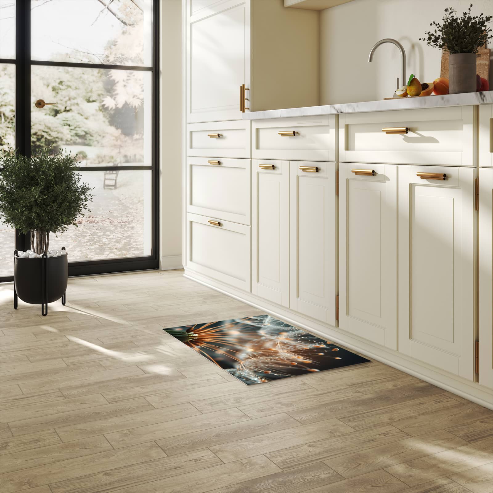 Strapazierfähiger Teppich für Esstisch mit Motiv Pusteblumenperlen in heller Küche