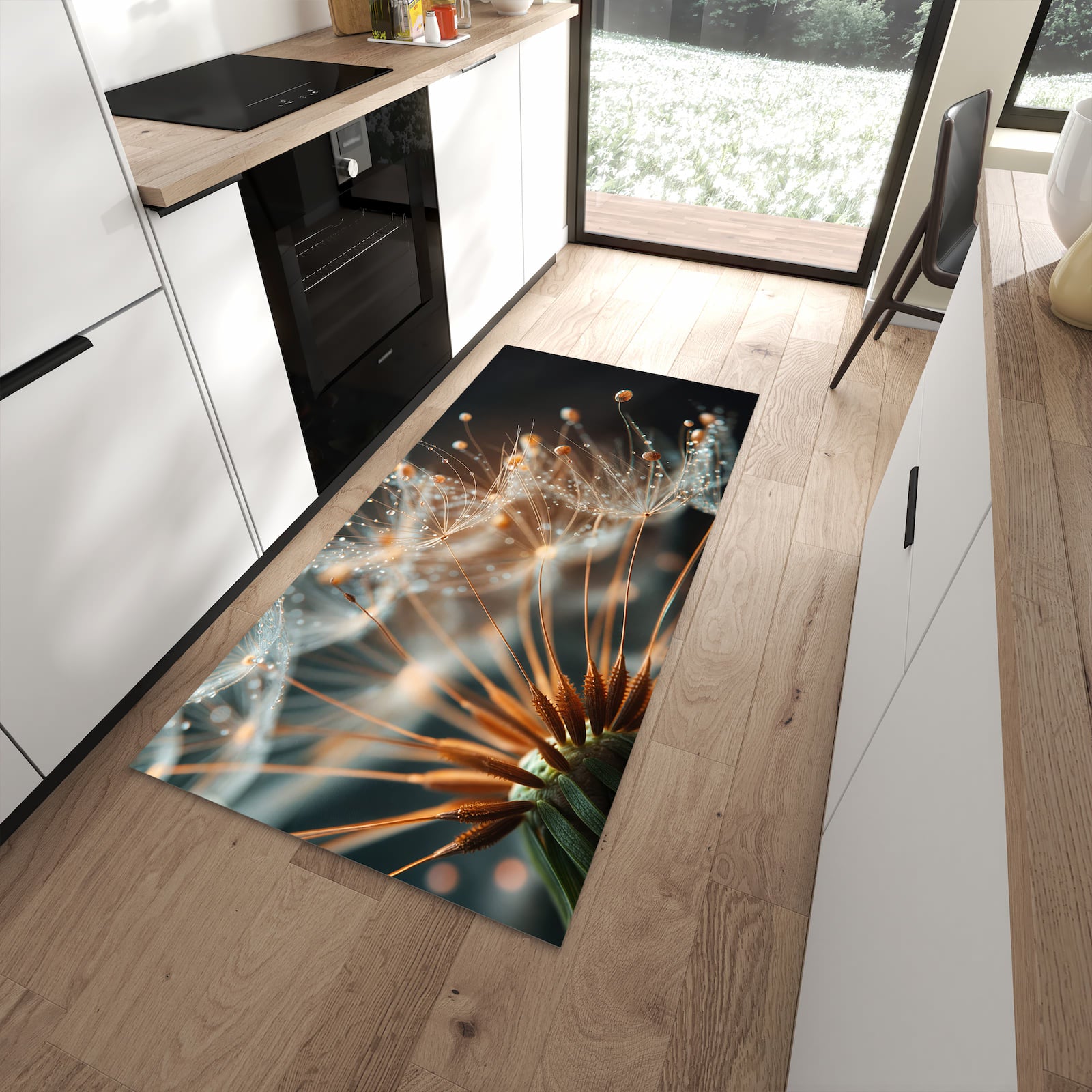 Strapazierfähiger rutschfester Küchenteppich mit Motiv Pusteblumenperlen in moderner Küche