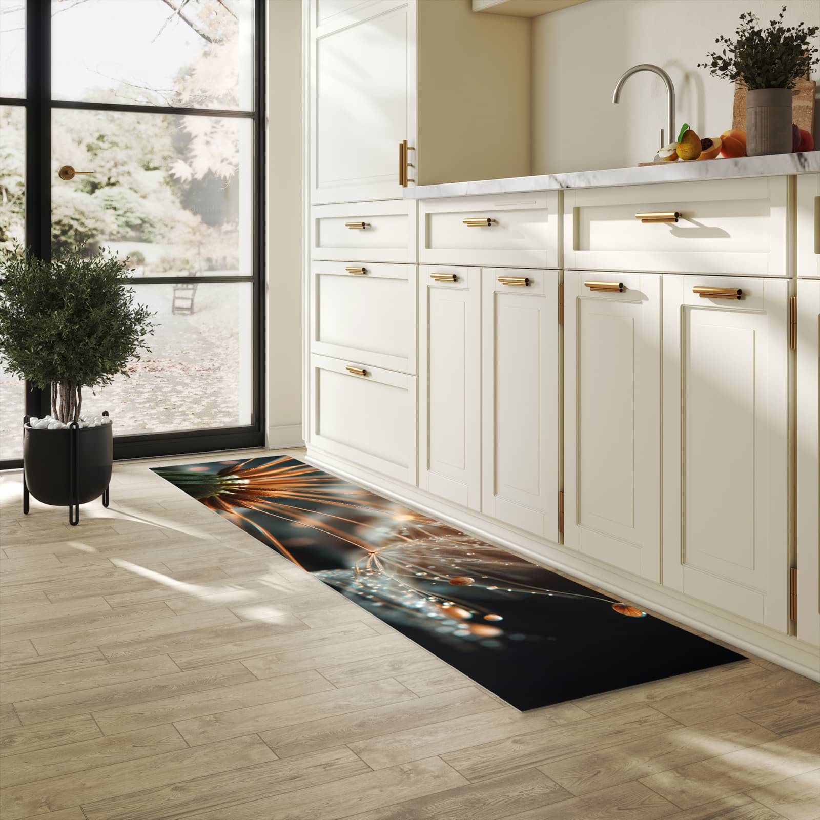 Dünner waschbarer Küchenteppich mit Motiv Pusteblumenperlen für angenehme Haptik in heller Küche