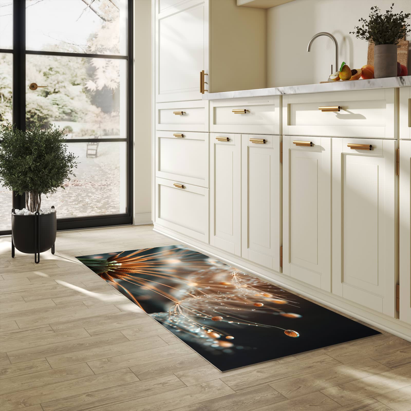 Waschbarer rutschfester Küchenteppich mit Motiv Pusteblumenperlen in heller Küche