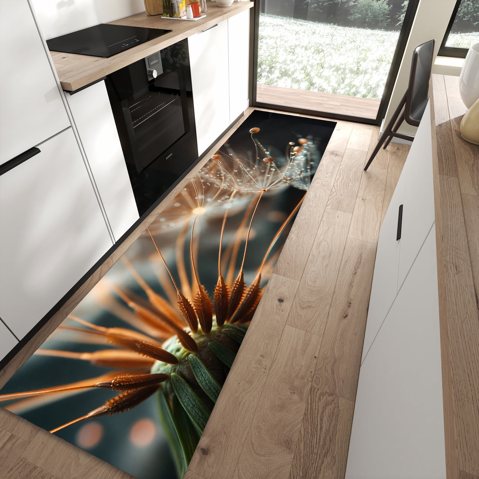 Hygienischer großer Küchenteppich mit Motiv Pusteblumenperlen in moderner Küche