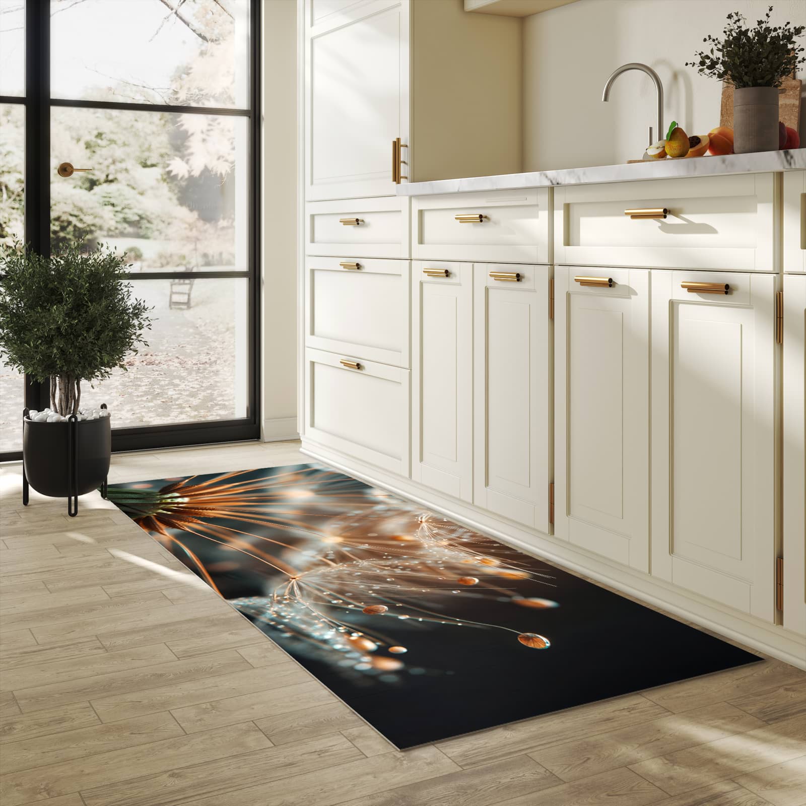 Küchenteppich mit Motiv Pusteblumenperlen für Ordnung & Übersicht in heller Küche