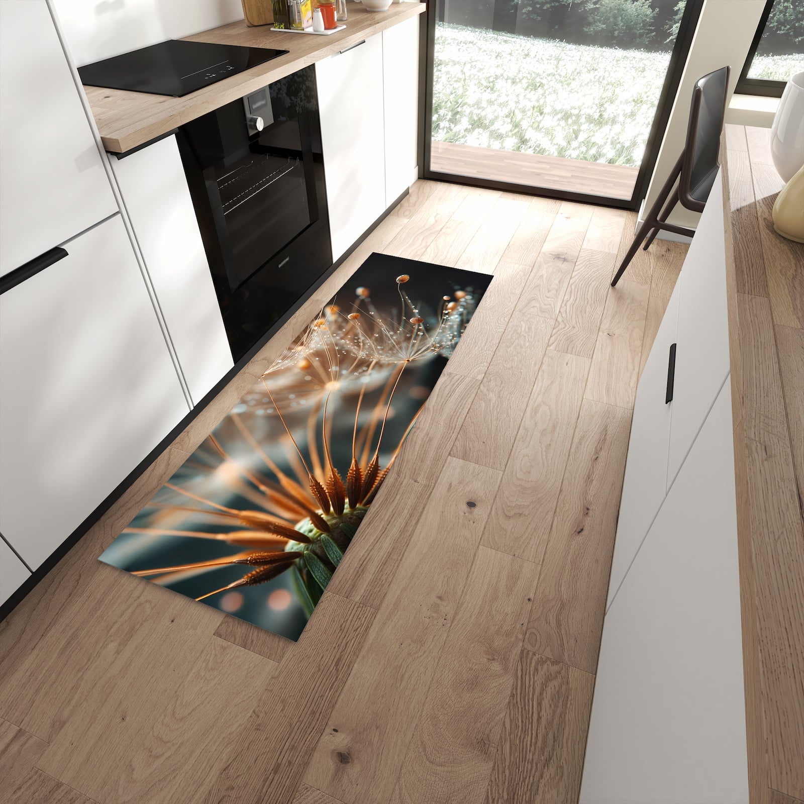 Geruchsneutraler Bodenläufer Teppich mit Motiv Pusteblumenperlen in moderner Küche