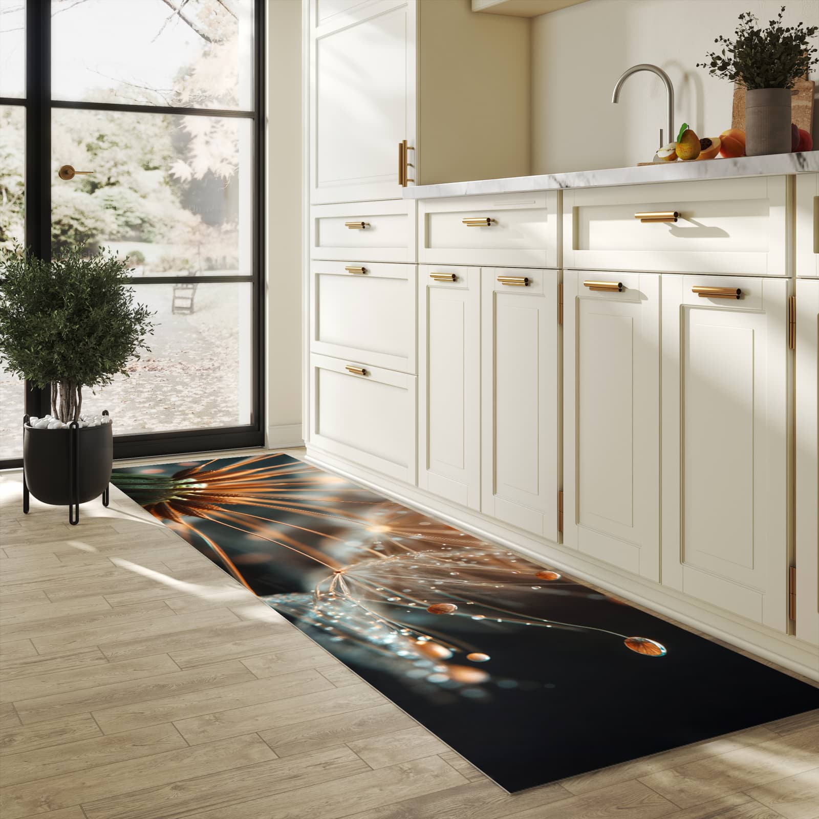 Feuchtigkeitsresistenter Küchenteppich mit Motiv Pusteblumenperlen in heller Küche