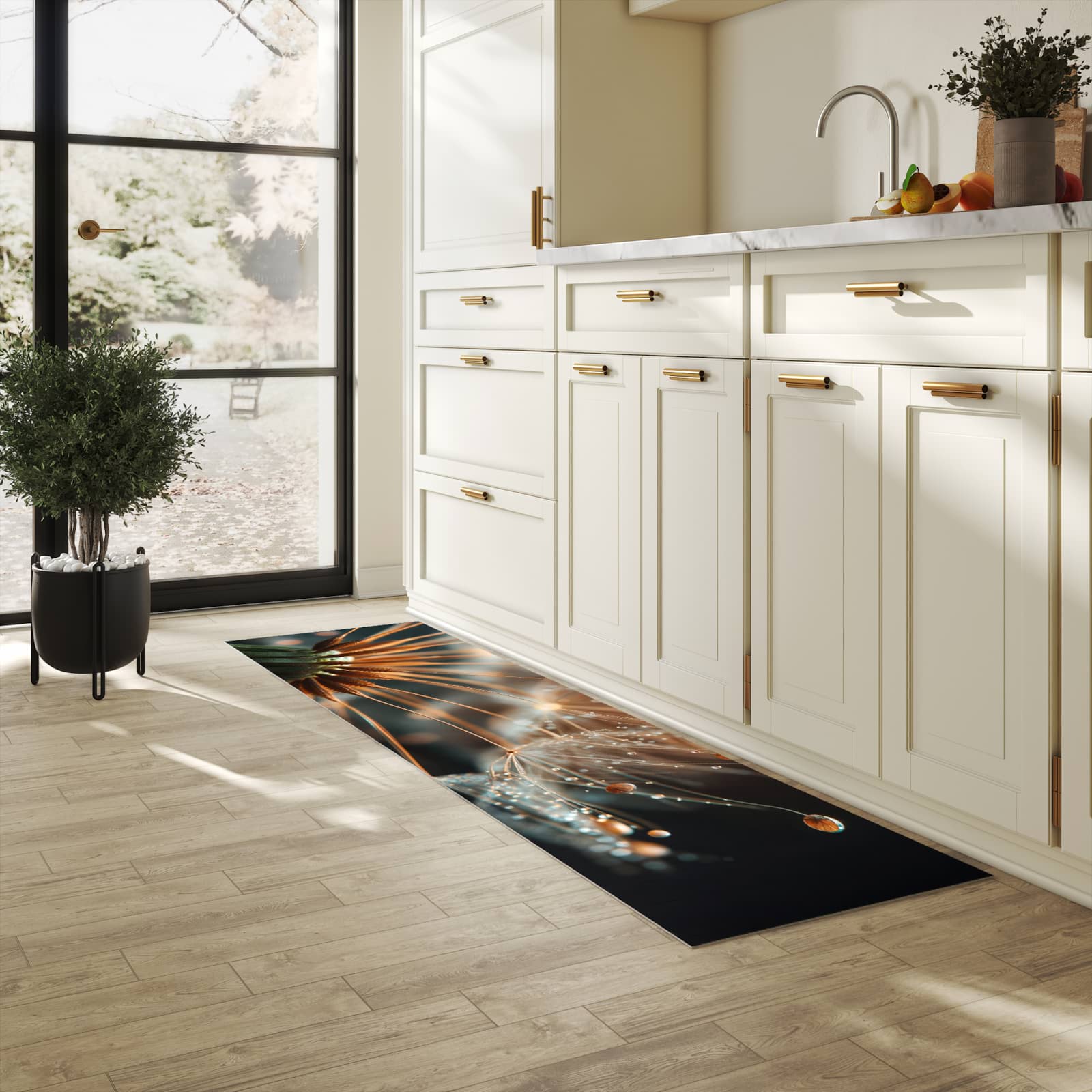 Rutschfester Küchenteppich mit Motiv Pusteblumenperlen in heller Küche, einfach zu reinigen