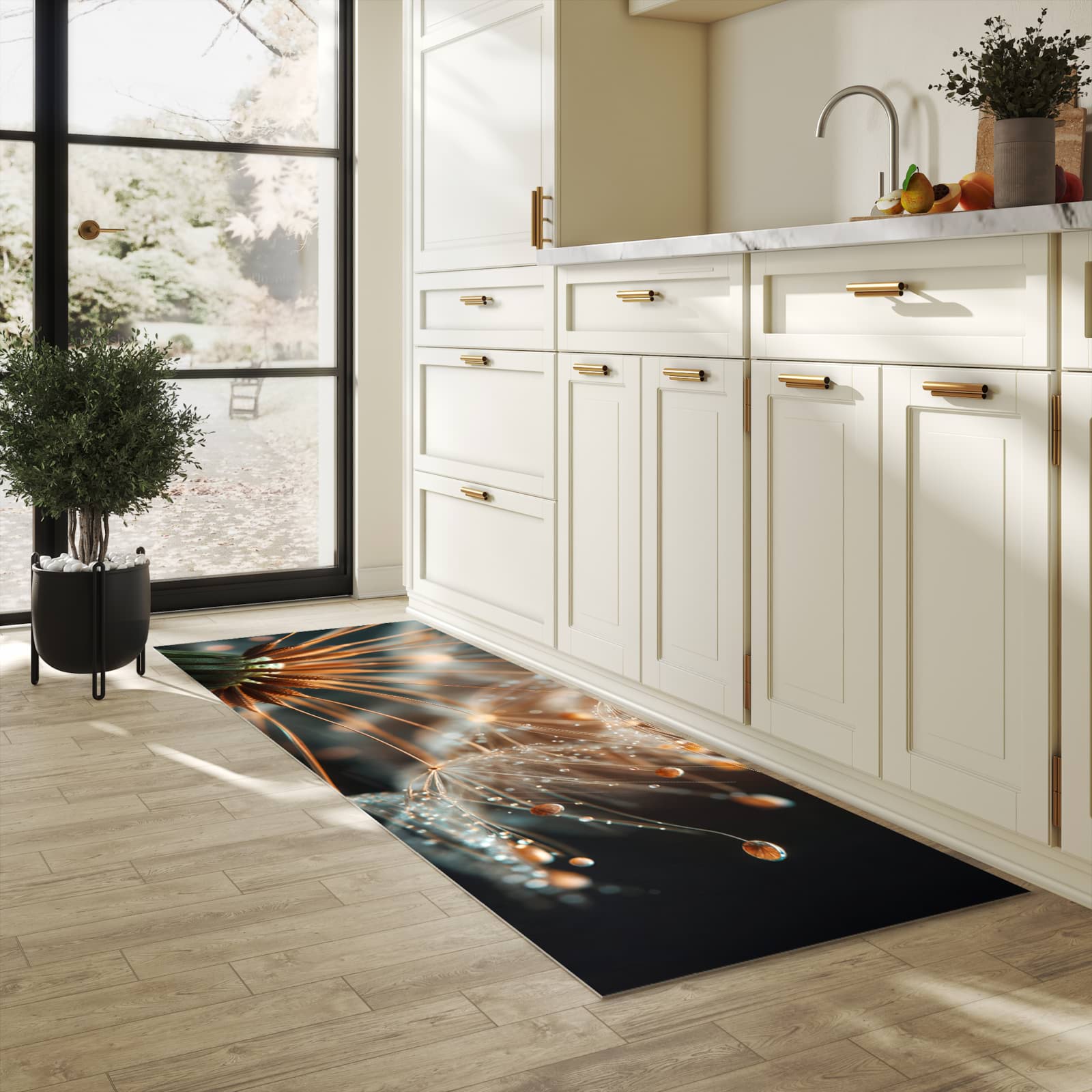 Langlebiger Bodenläufer mit Motiv Pusteblumenperlen in heller Küche