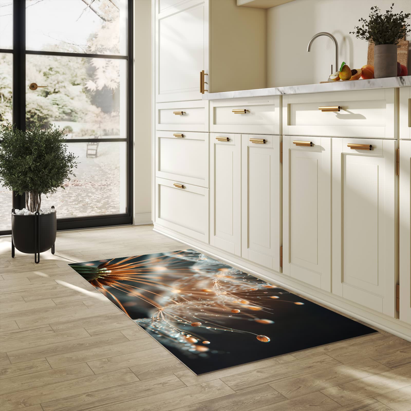 Bodenschonender Küchenteppich mit Motiv Pusteblumenperlen in heller Küche