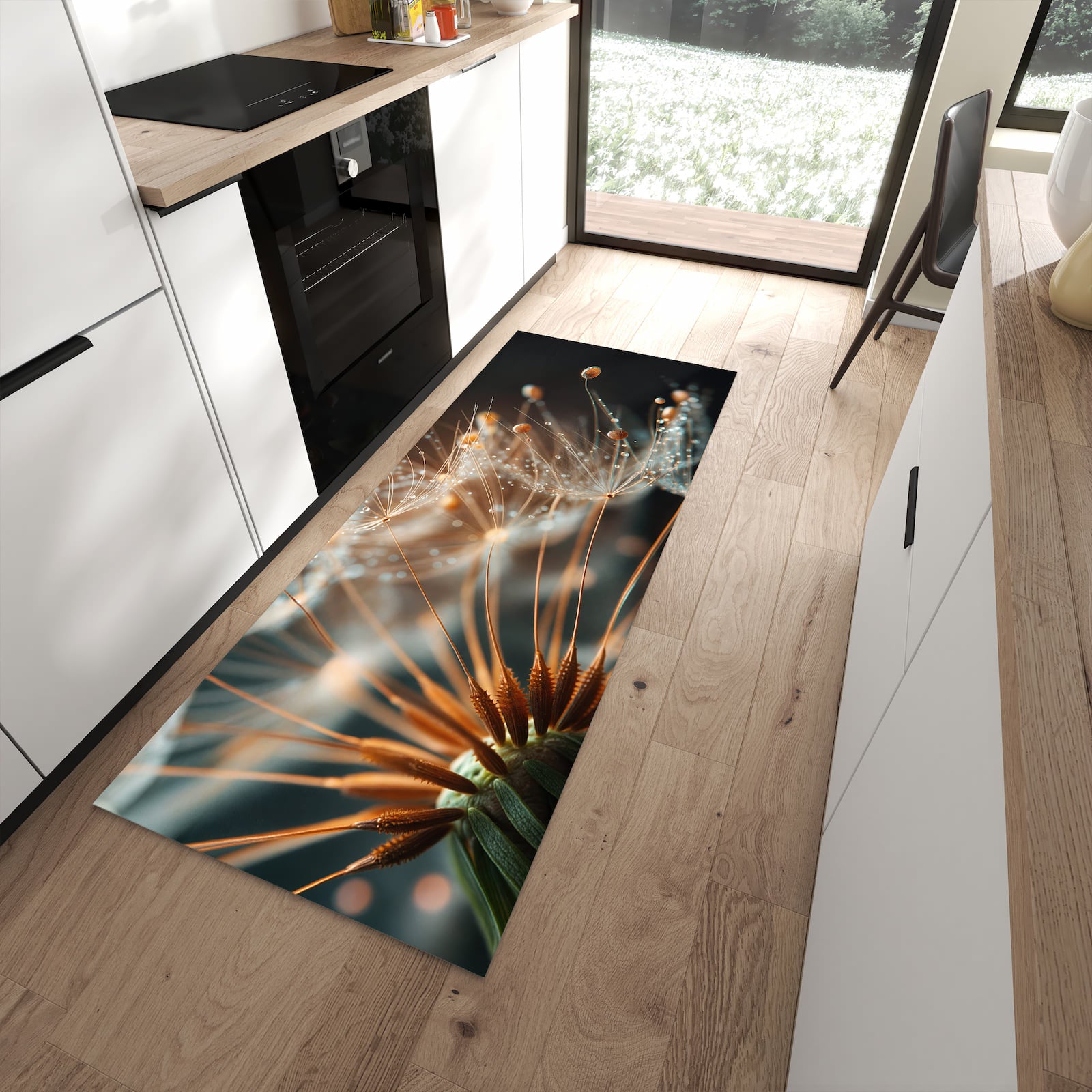 Rutschfester Küchenteppich mit Motiv Pusteblumenperlen in moderner Küche