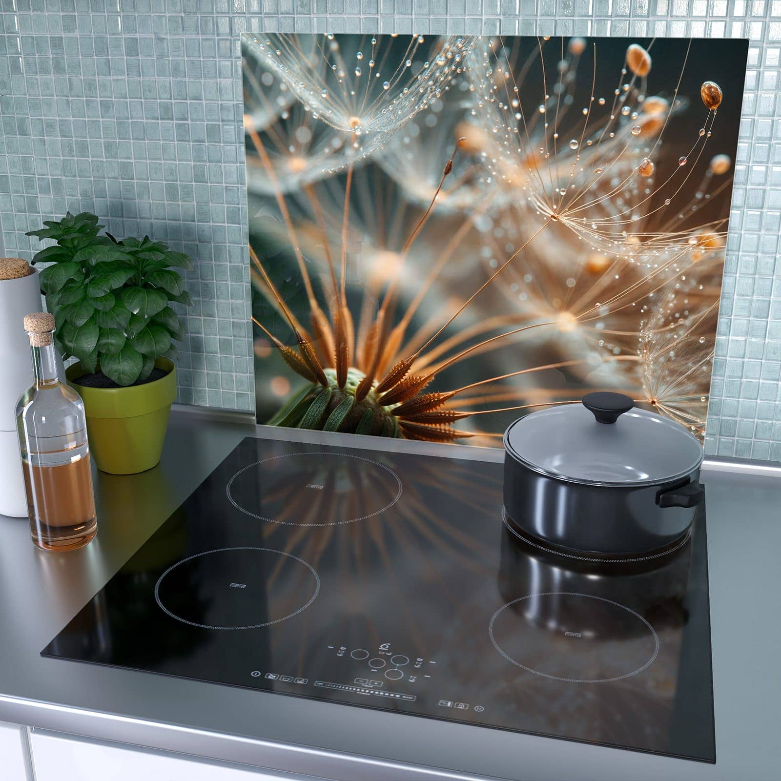 1-teilige Abdeckung für Herdplatte mit Pusteblumenperlen-Motiv als Spritzschutz hinter dem Kochfeld