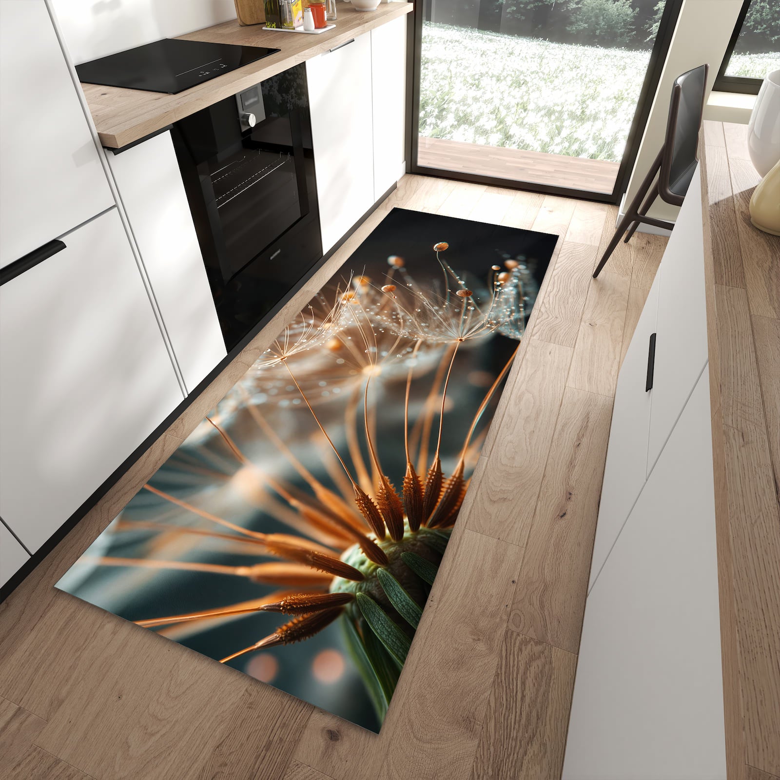 Waschbarer Küchenteppich mit Motiv Pusteblumenperlen in moderner Küche