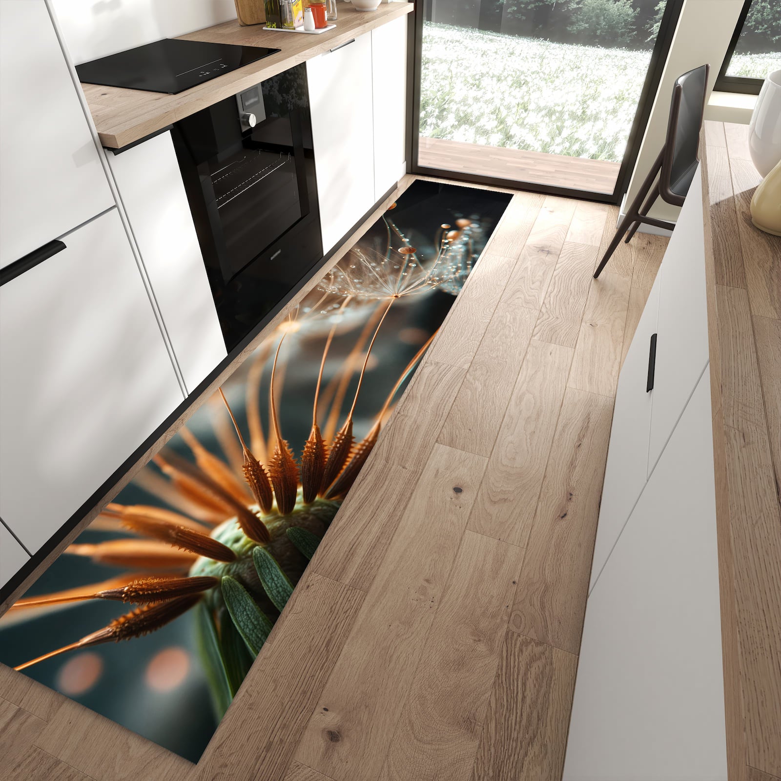 Pflegeleichter Küchenteppich mit Motiv Pusteblumenperlen in moderner Küche