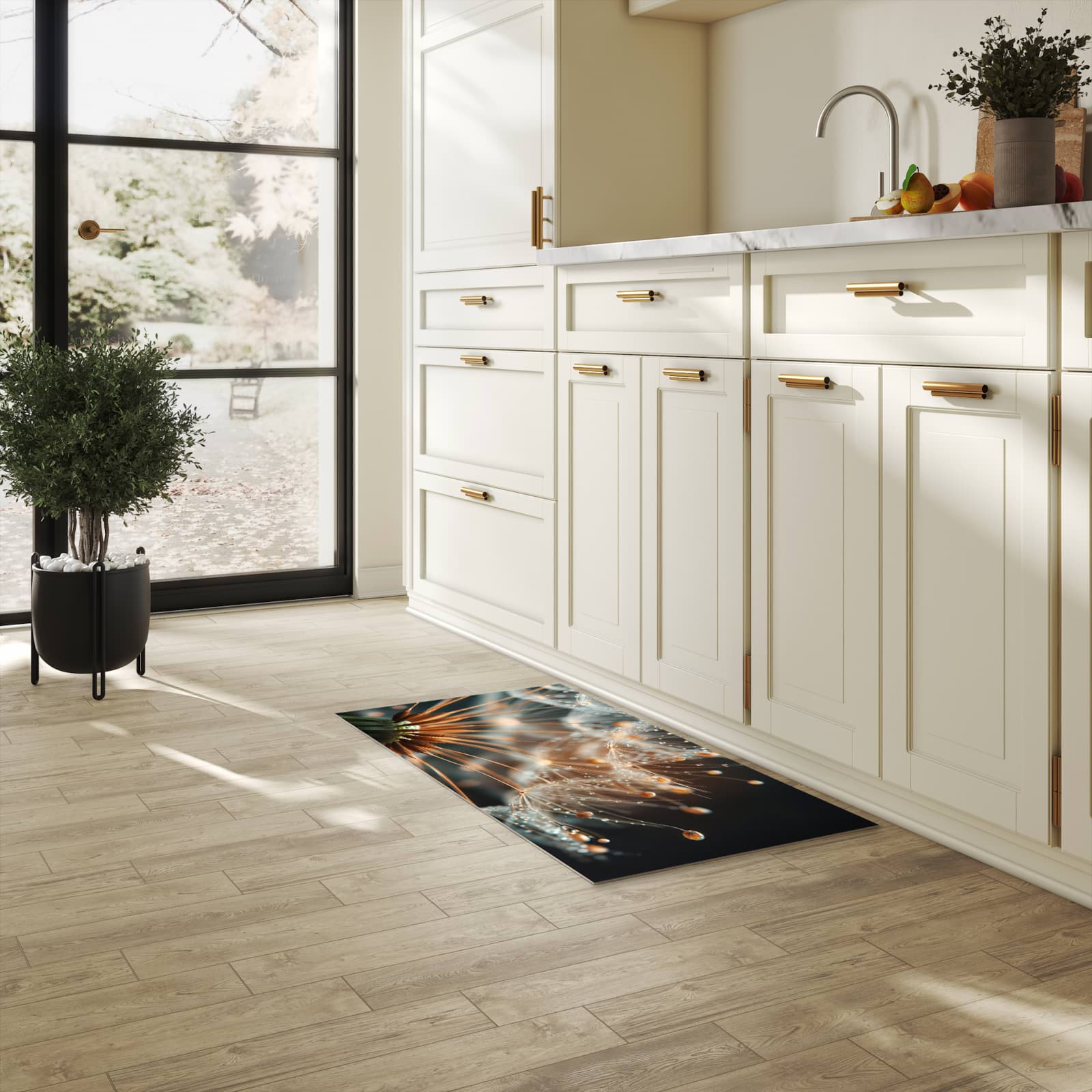 Pflegeleichter Läufer für Eingangsbereich mit Motiv Pusteblumenperlen in heller Küche