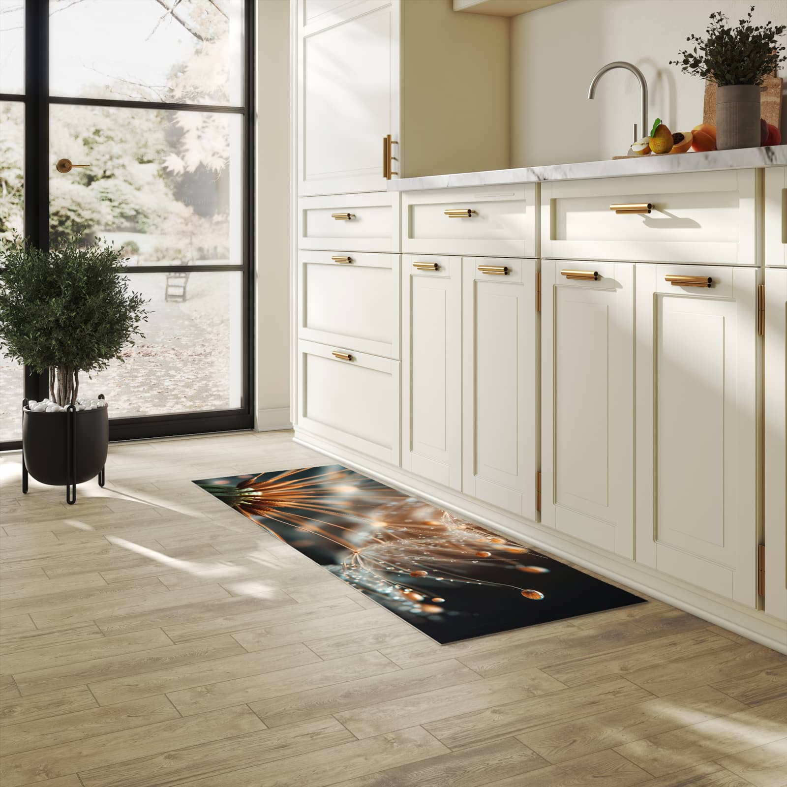 Rutschhemmender dünner Teppich mit Motiv Pusteblumenperlen in heller Küche