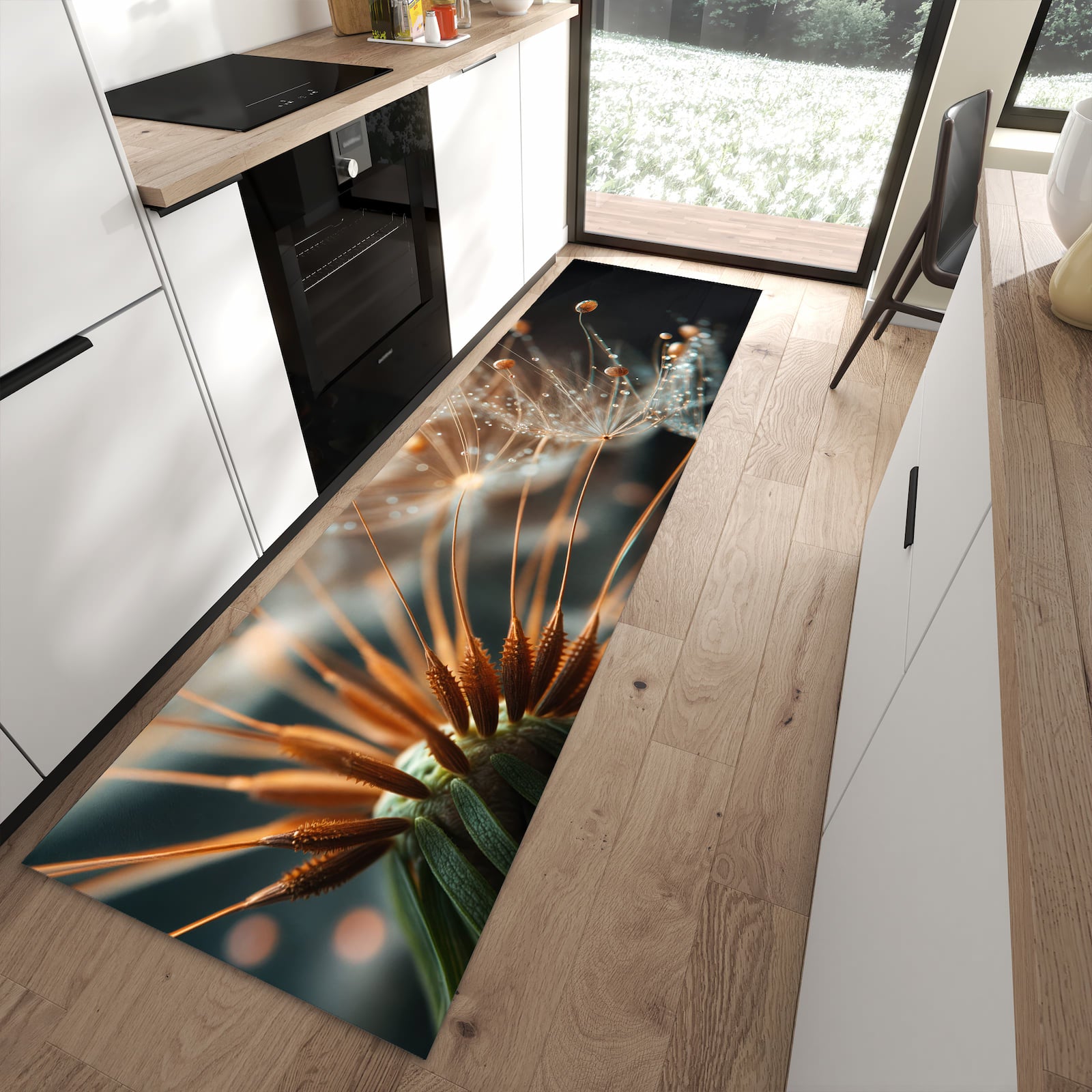 Küchenteppich mit Motiv Pusteblumenperlen für angenehmes Stehen in moderner Küche