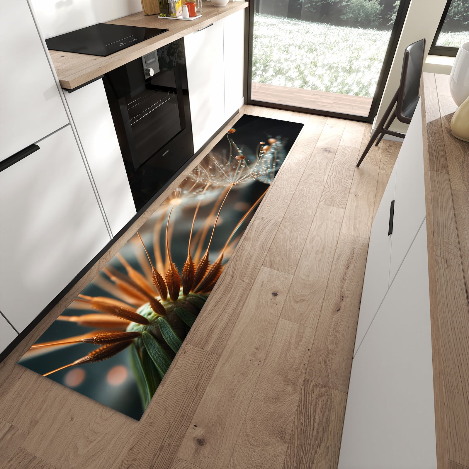 Flacher Küchenteppich mit Motiv Pusteblumenperlen in moderner Küche - waschbar