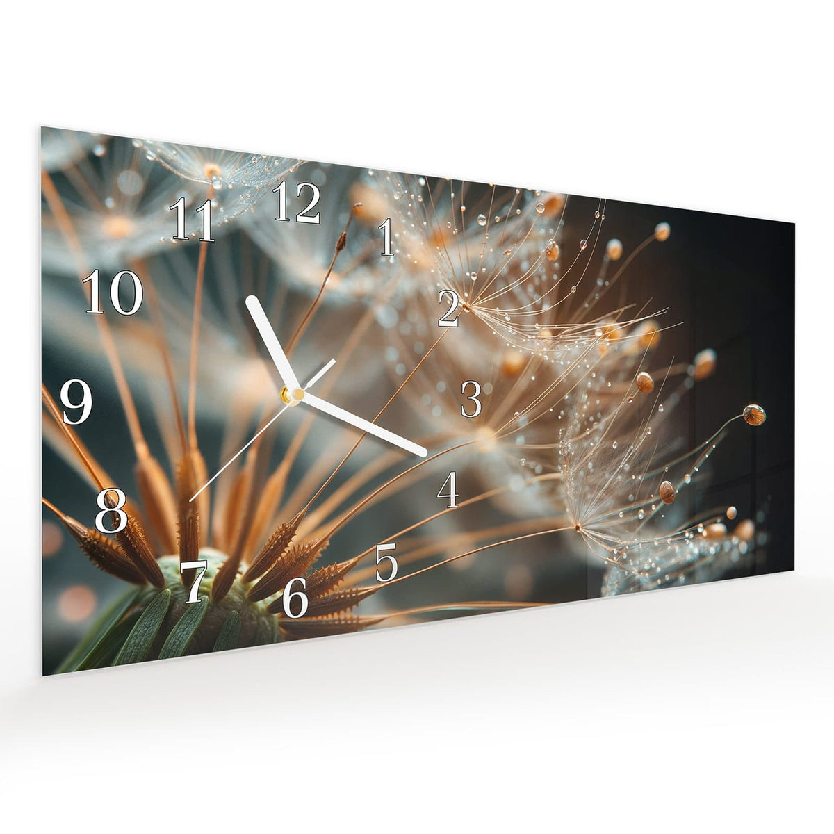 Vormontiert – mit Schwebeeffekt – Wanduhr Pusteblumenperlen aus Glas – Querformat 60 × 30 cm