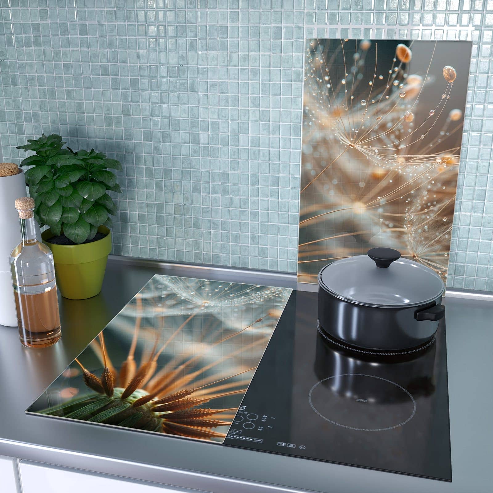 2-teilige Glasabdeckplatte für Ceranfeld mit Pusteblumenperlen-Motiv als Spritzschutz hinter dem Kochfeld