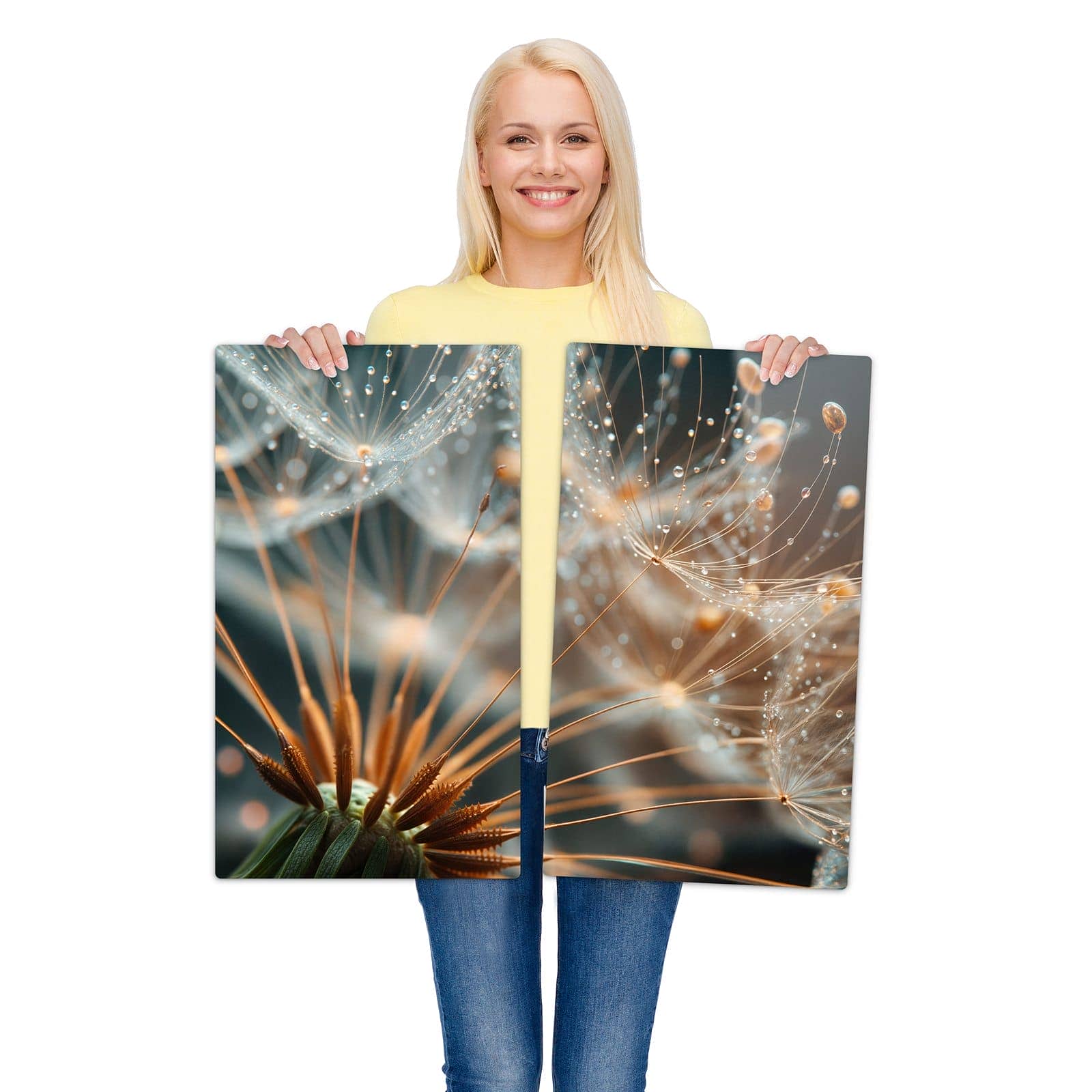 2-teilige Abdeckplatten für Herd mit Pusteblumenperlen-Motiv wird zur Größendarstellung gehalten