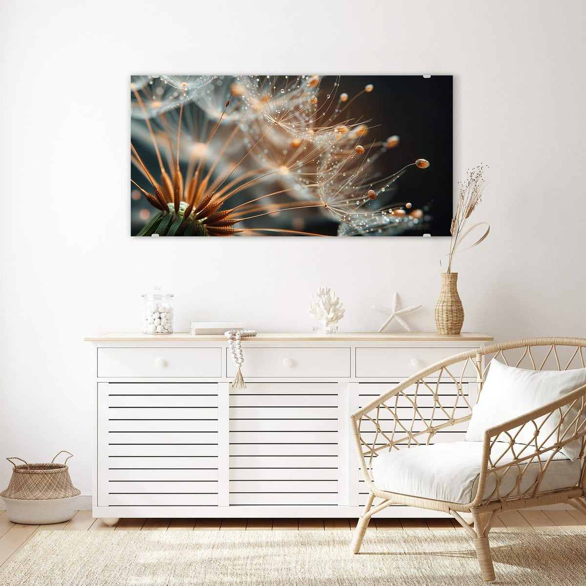 Echtglas, 4 mm – kein Acryl, keine Folie – Wandbild - Pusteblumenperlen - Querformat