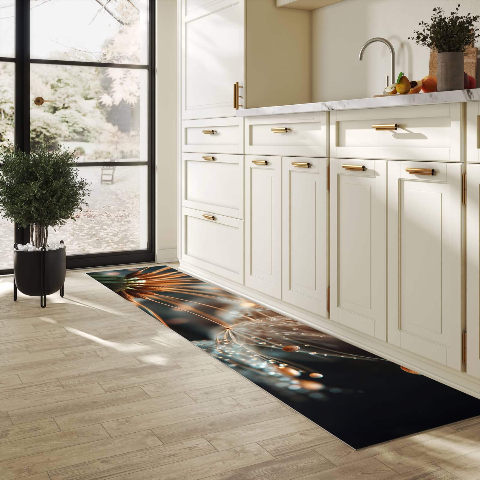 Hygienischer Teppich fürs Esszimmer mit Motiv Pusteblumenperlen in heller Küche