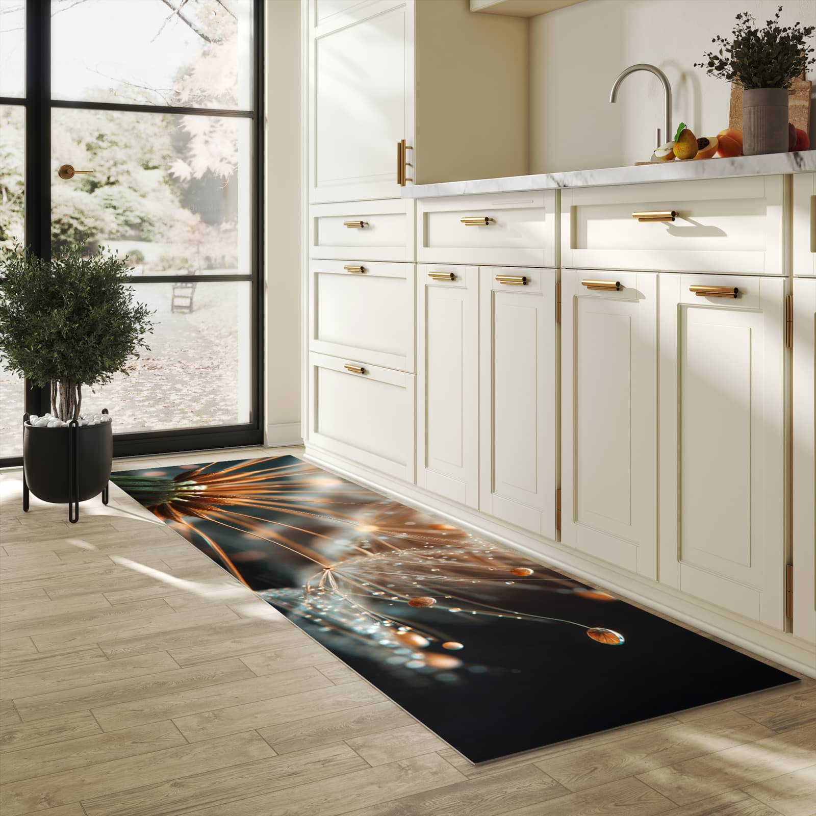 Rutschfester Bodenläufer-Teppich mit Motiv Pusteblumenperlen in heller Küche