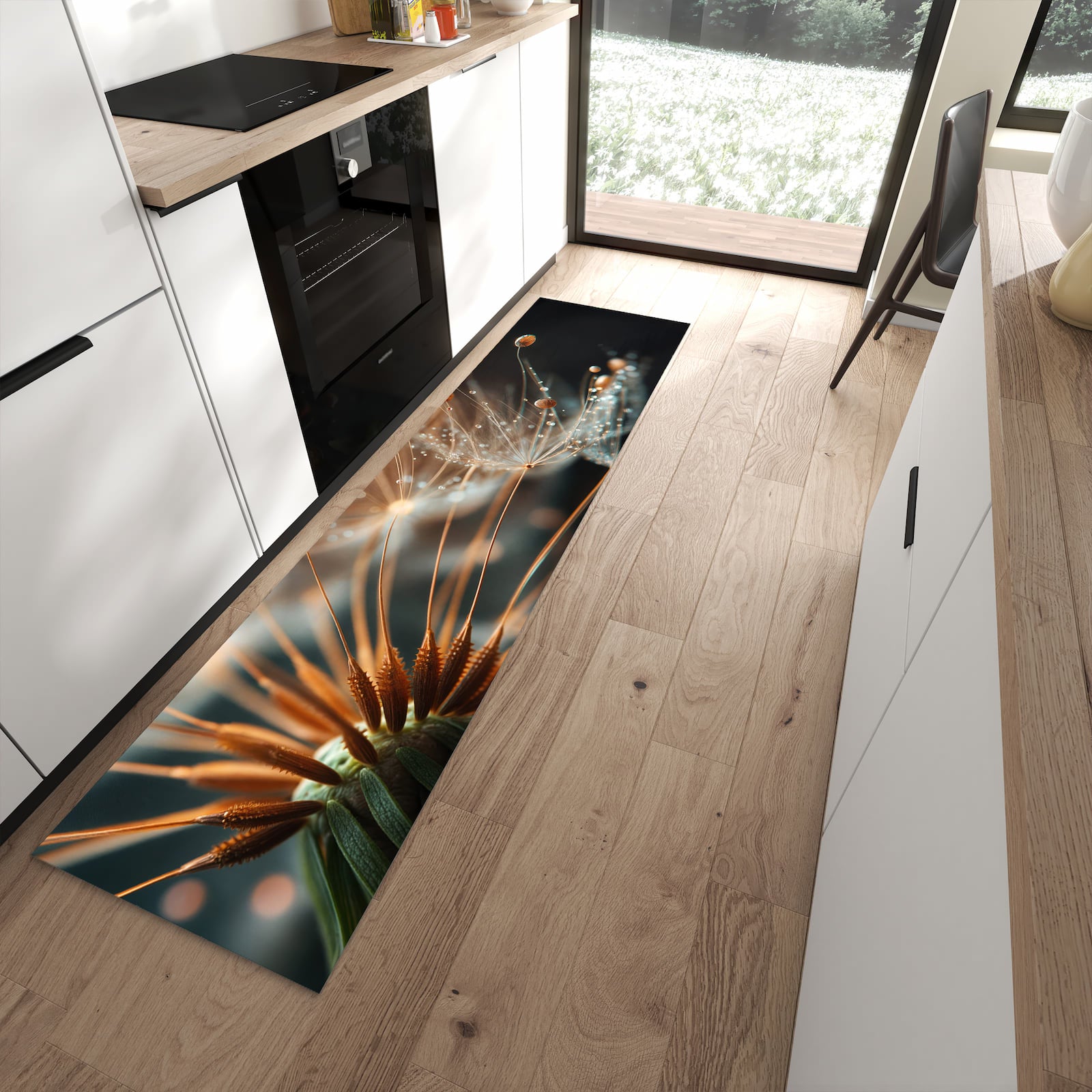 Langlebiger Küchenteppich mit Motiv Pusteblumenperlen in moderner Küche