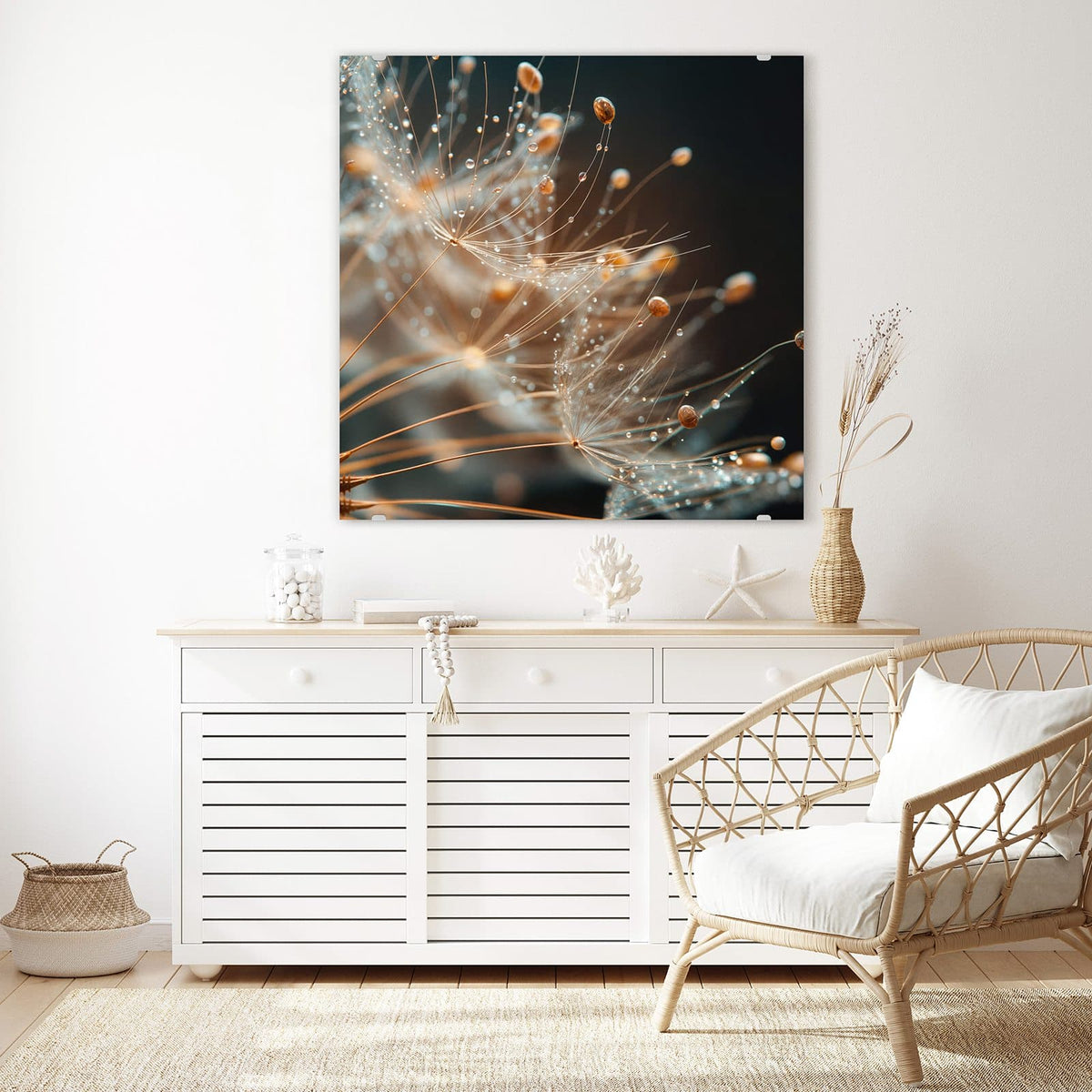 Glasbild Pusteblumenperlen an der Wand – Makro von Pusteblumensamen, an den feinen Schirmen hängen Tautropfen wie Perlen