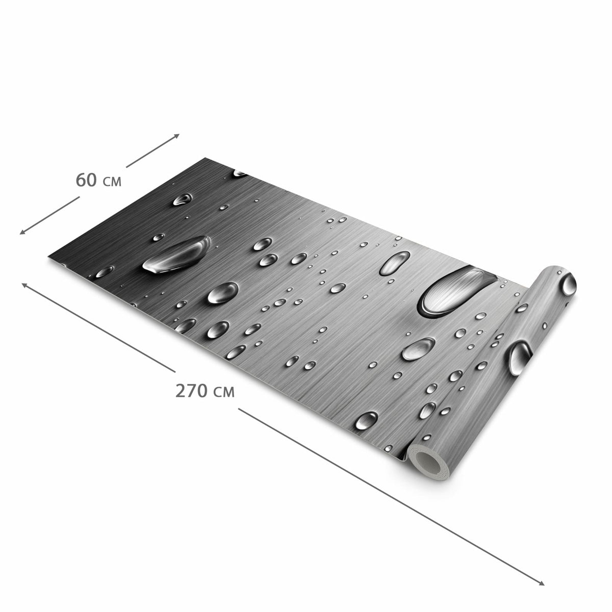 Rutschfester Küchenläufer nach Maß mit Motiv Wassertropfen auf Metall in der Größe 60x180 cm