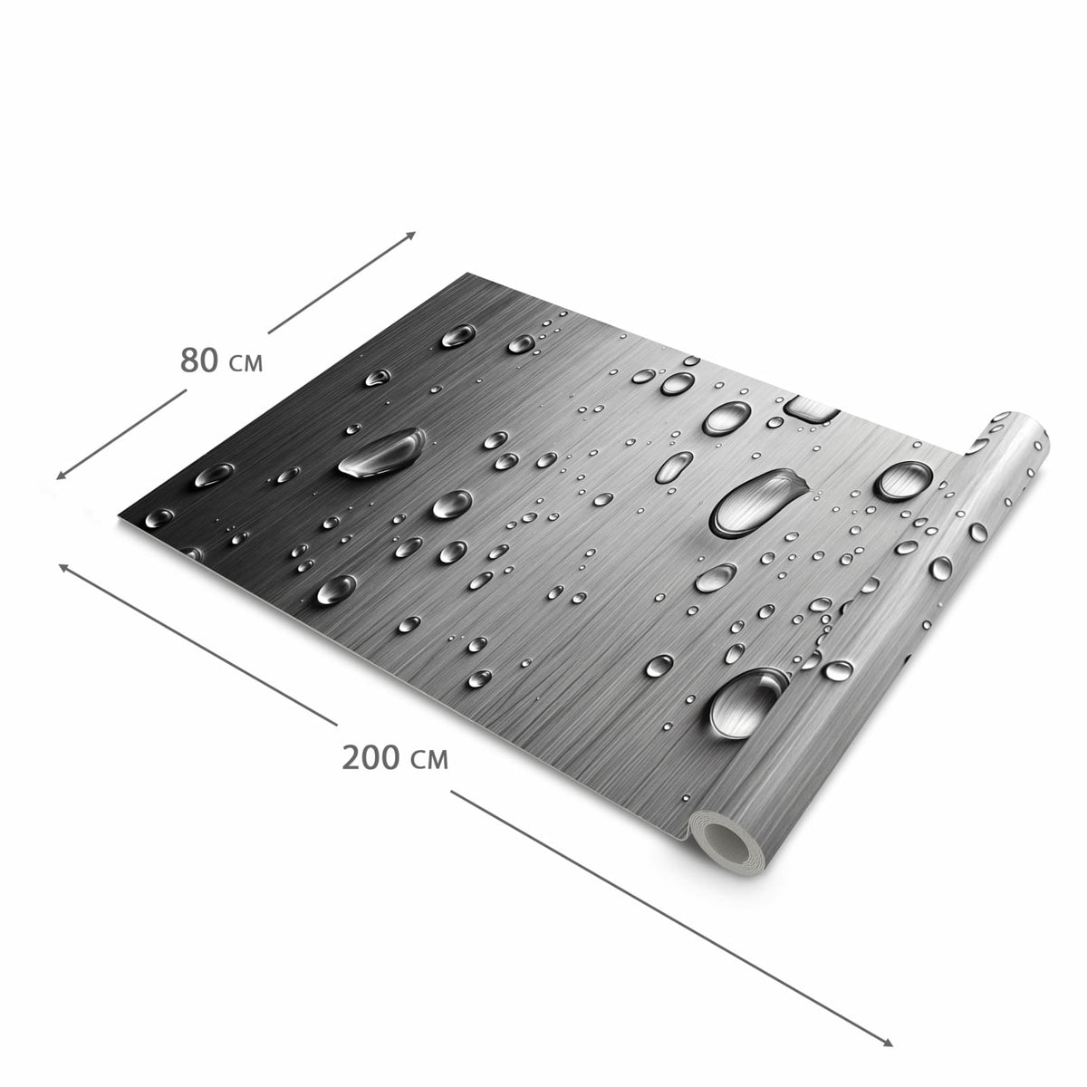 Abwaschbarer Küchenläufer mit Motiv Wassertropfen auf Metall in der Grösse 60x180 cm für Ordnung