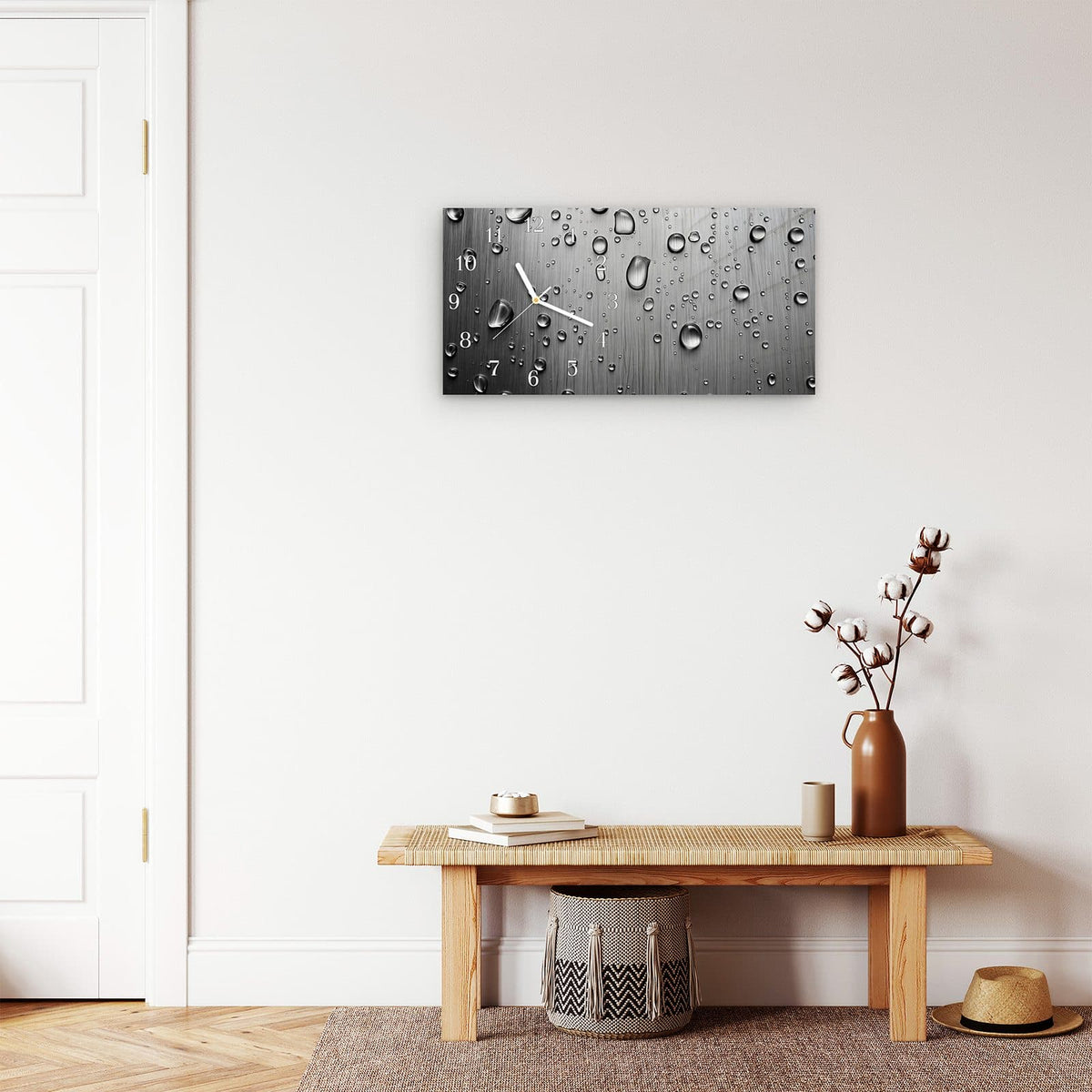 Moderne Wanduhr aus Glas mit Farbtiefe – Wanduhr Wassertropfen auf Metall aus Glas – Querformat 60 × 30 cm