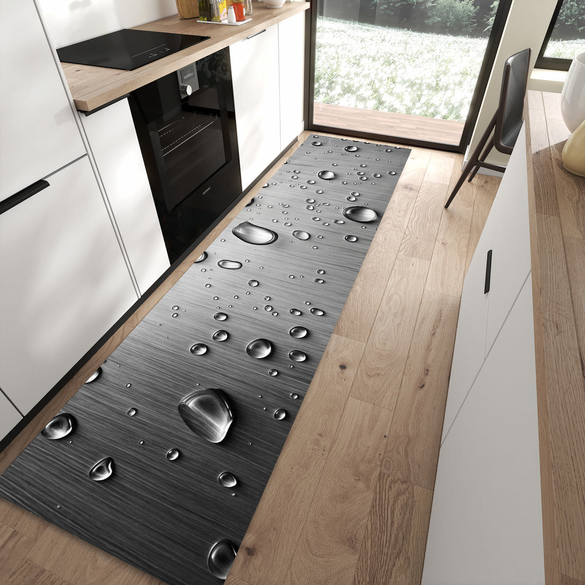 UV-beständiger waschbarer Küchenteppich mit Motiv Wassertropfen auf Metall in moderner Küche
