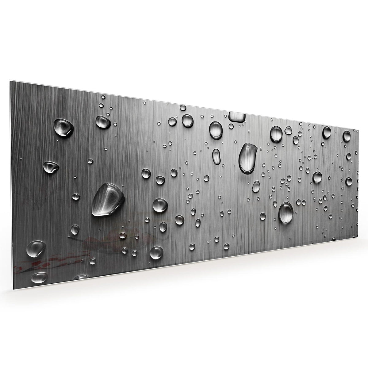 Küchenrückwand aus Glas im Hochformat: Wasserperlen unterschiedlicher Größe auf gebürstetem grauem Metall #grösse_40 x 100 cm #grösse_50 x 125 cm #grösse_60 x 150 cm