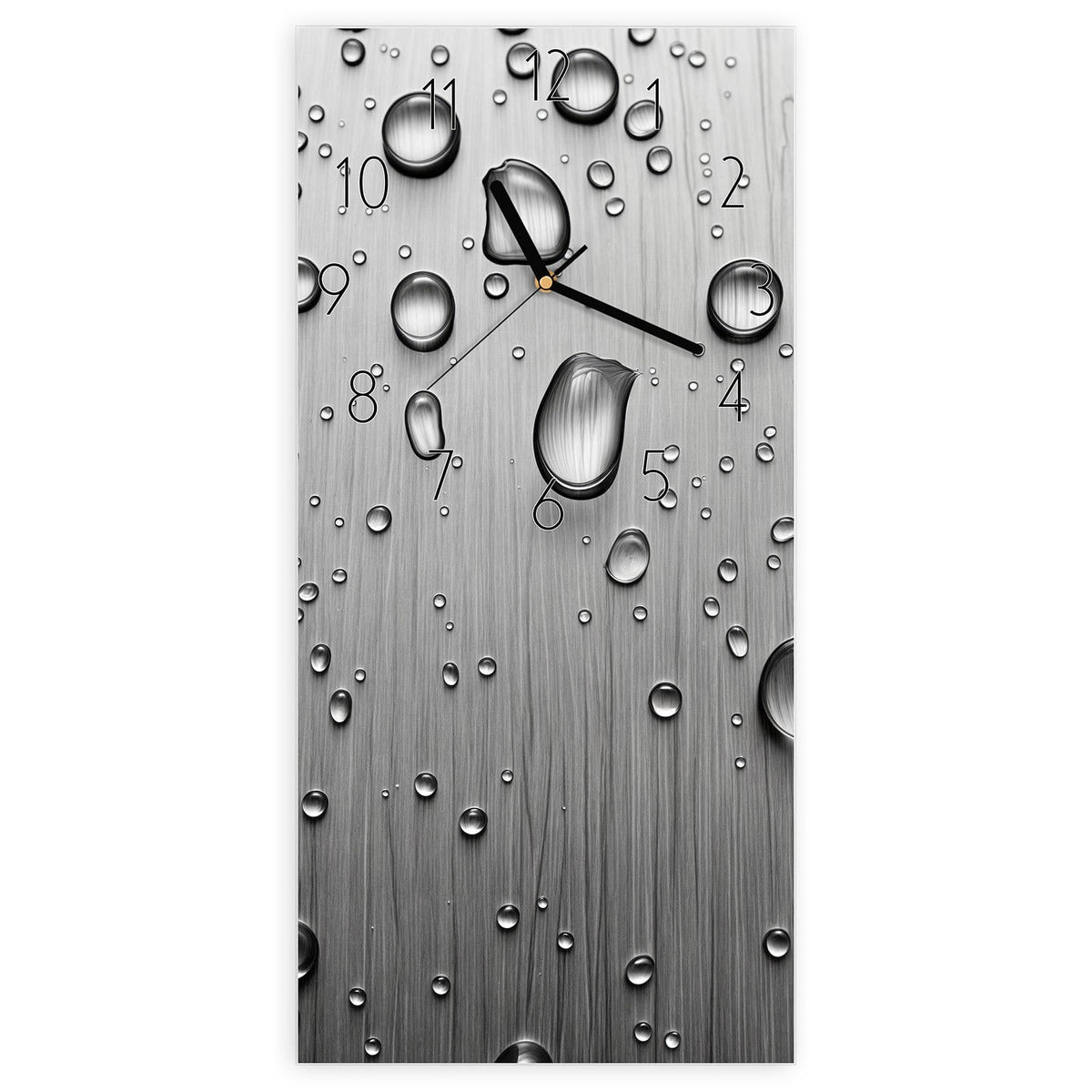 Wanduhr aus Glas, Ziffernblatt Elegant: Wasserperlen unterschiedlicher Größe auf gebürstetem grauem Metall #ziffernblatt_Elegant