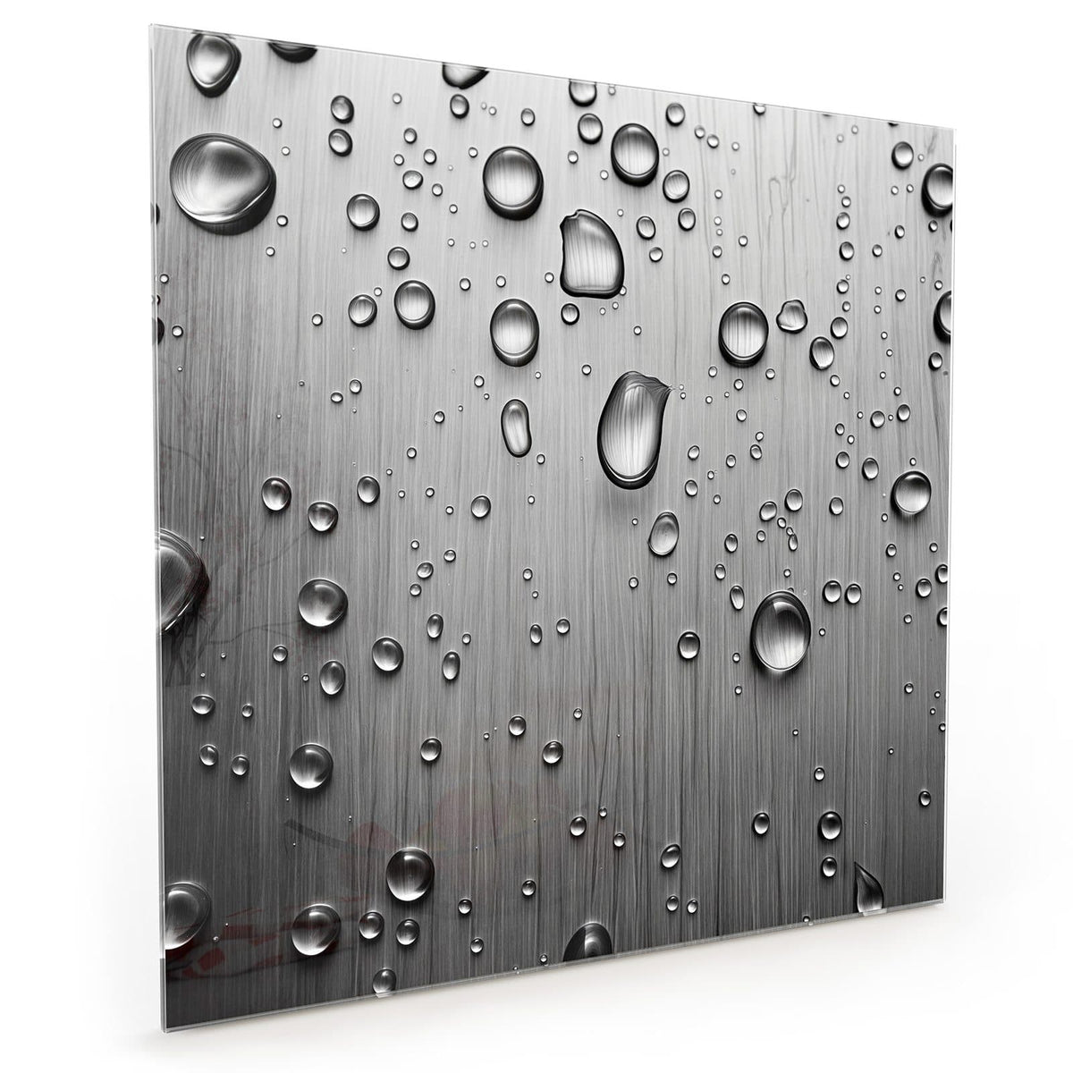 Küchenrückwand aus Glas im quadratischen Format: Wasserperlen unterschiedlicher Größe auf gebürstetem grauem Metall #grösse_40 x 40 cm #grösse_50 x 50 cm #grösse_60 x 60 cm