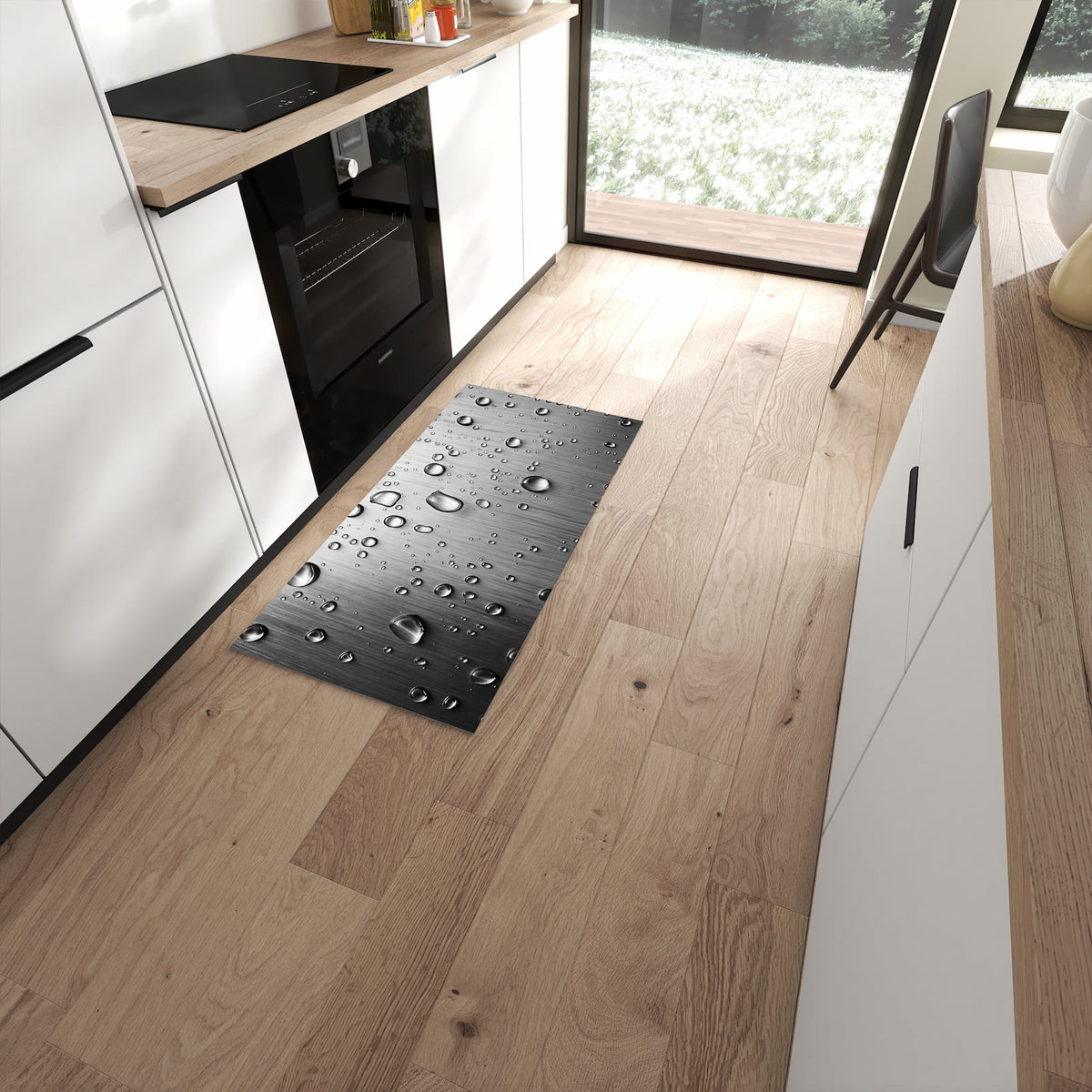 Feuchtigkeitsresistenter Küchenläufer mit Motiv Wassertropfen auf Metall in moderner Küche #grösse_60 x 120 cm