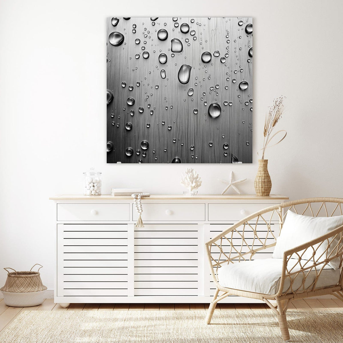 Echtglas, 4 mm – kein Acryl, keine Folie – Wandbild - Wassertropfen auf Metall - Quadratisch