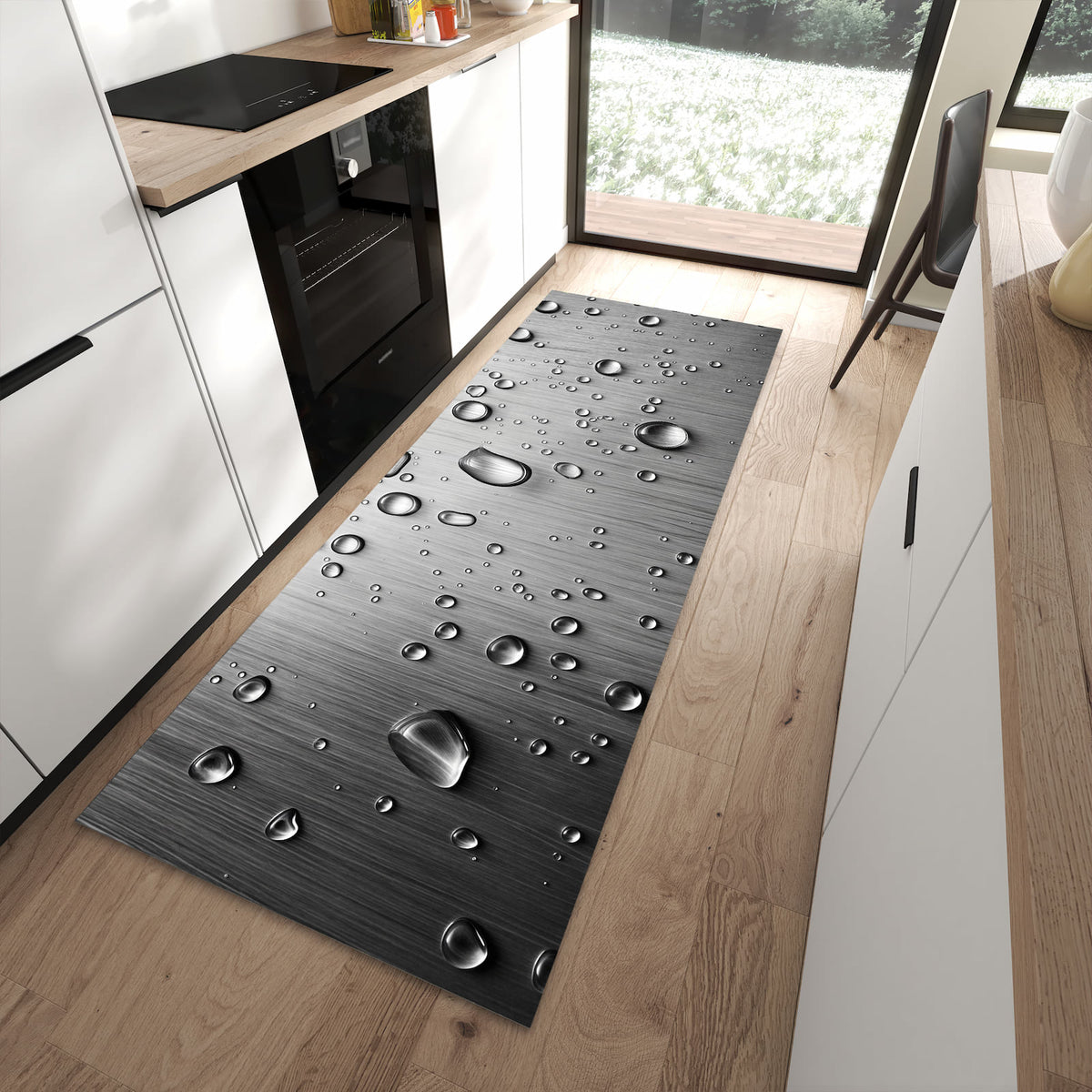 Wasserabweisender Teppich für Esstisch mit Motiv Wassertropfen auf Metall in moderner Küche
