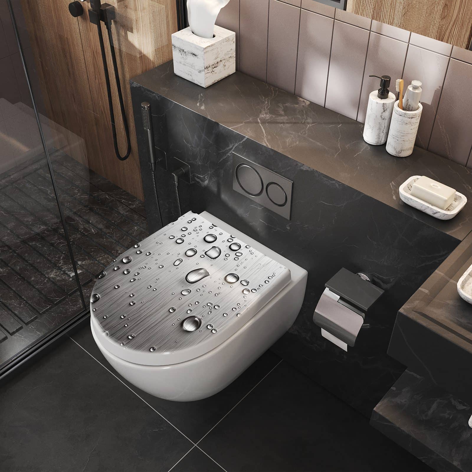 WC-Sitz mit Absenkautomatik Wassertropfen auf Metall
