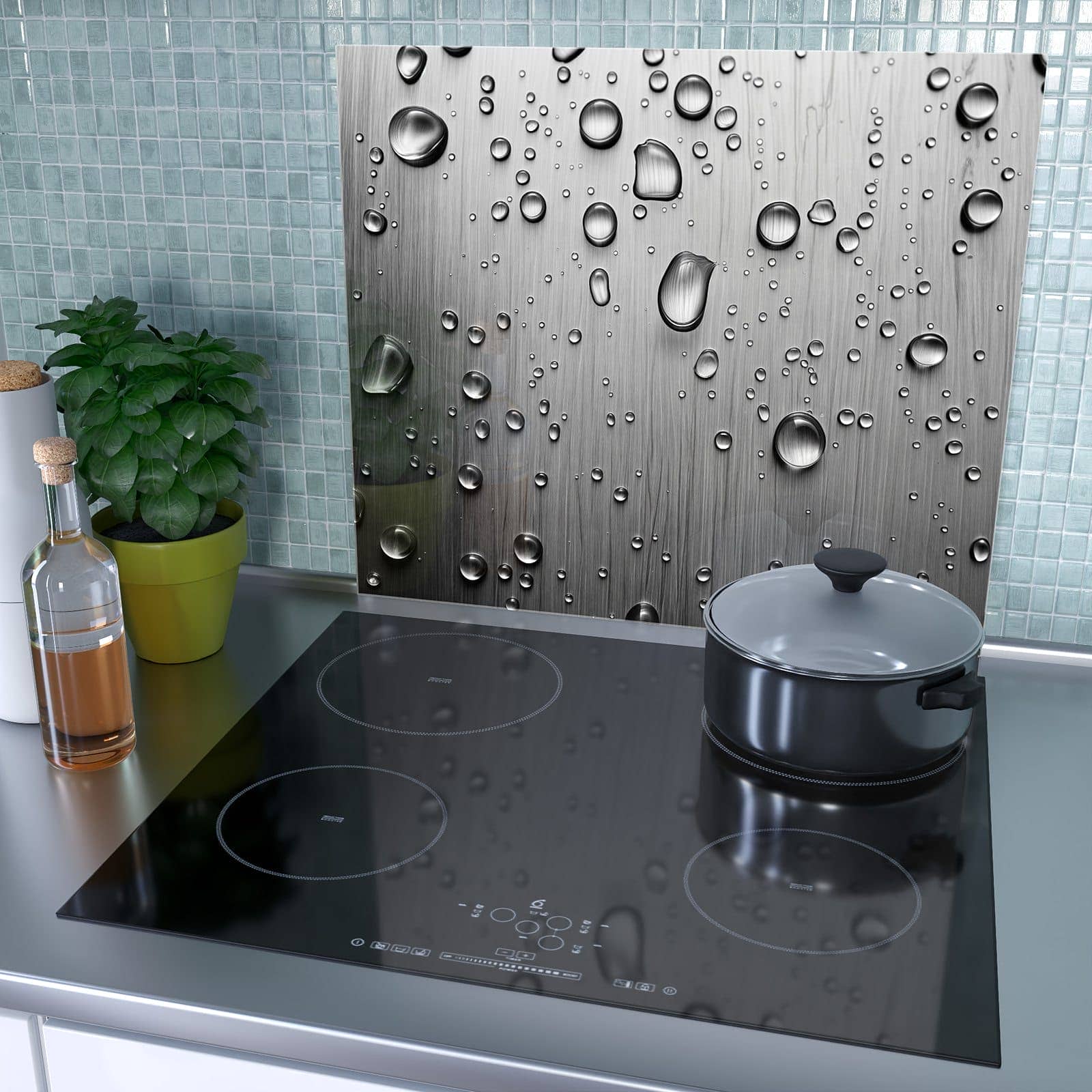 1-teilige Ceranfeld Abdeckplatten mit Wassertropfen auf Metall-Motiv als Spritzschutz hinter dem Kochfeld