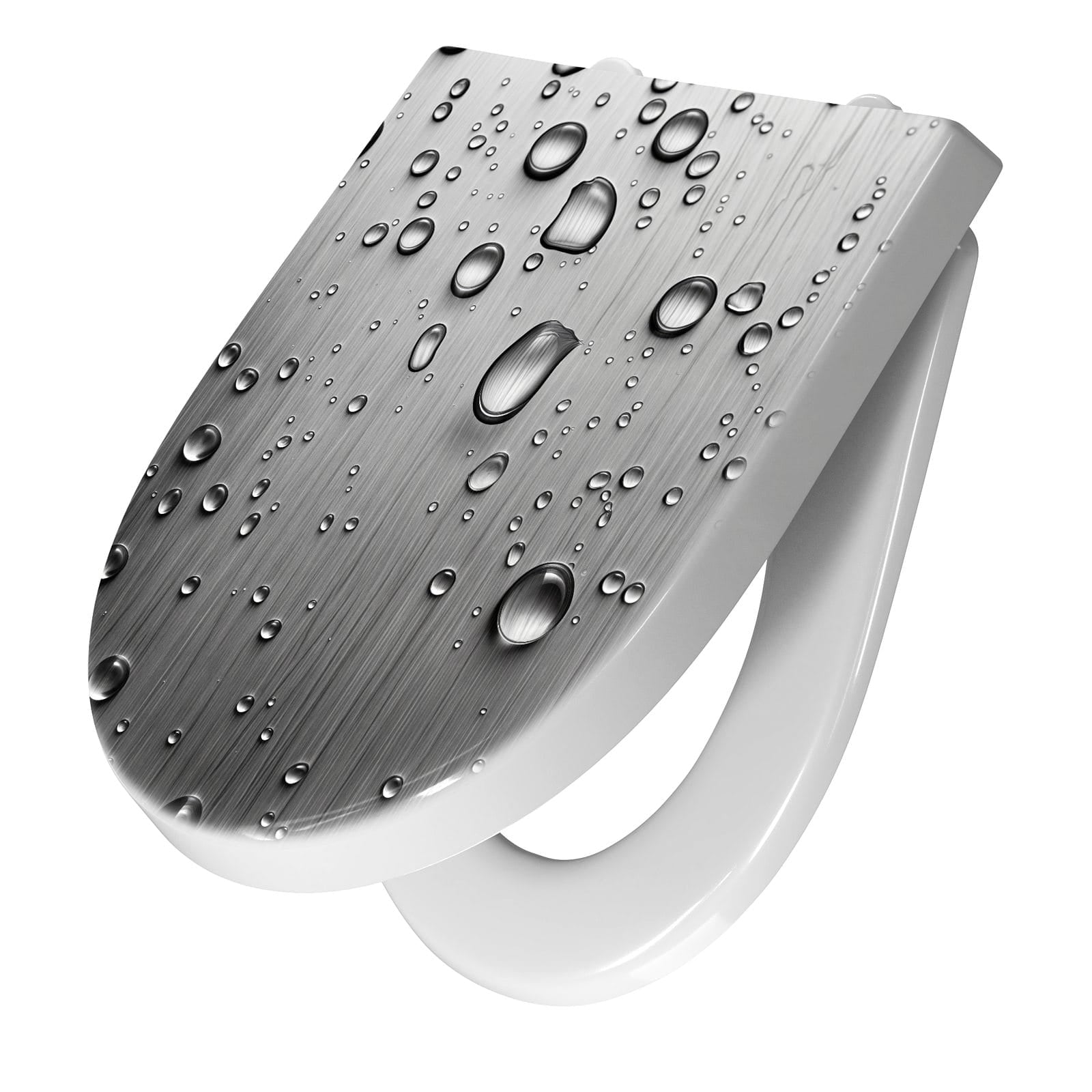 WC-Sitz mit Absenkautomatik Wassertropfen auf Metall