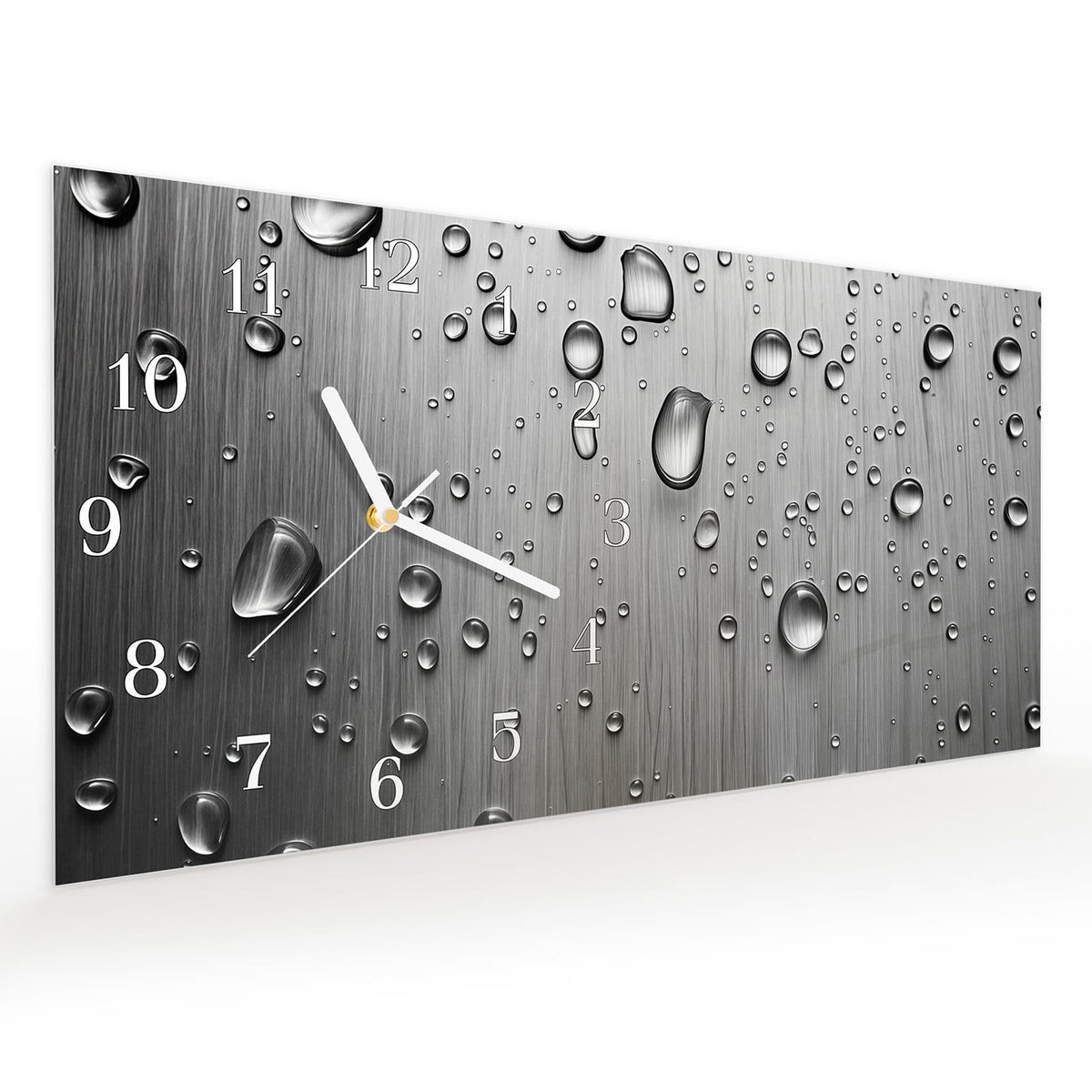 Vormontiert – mit Schwebeeffekt – Wanduhr Wassertropfen auf Metall aus Glas – Querformat 60 × 30 cm